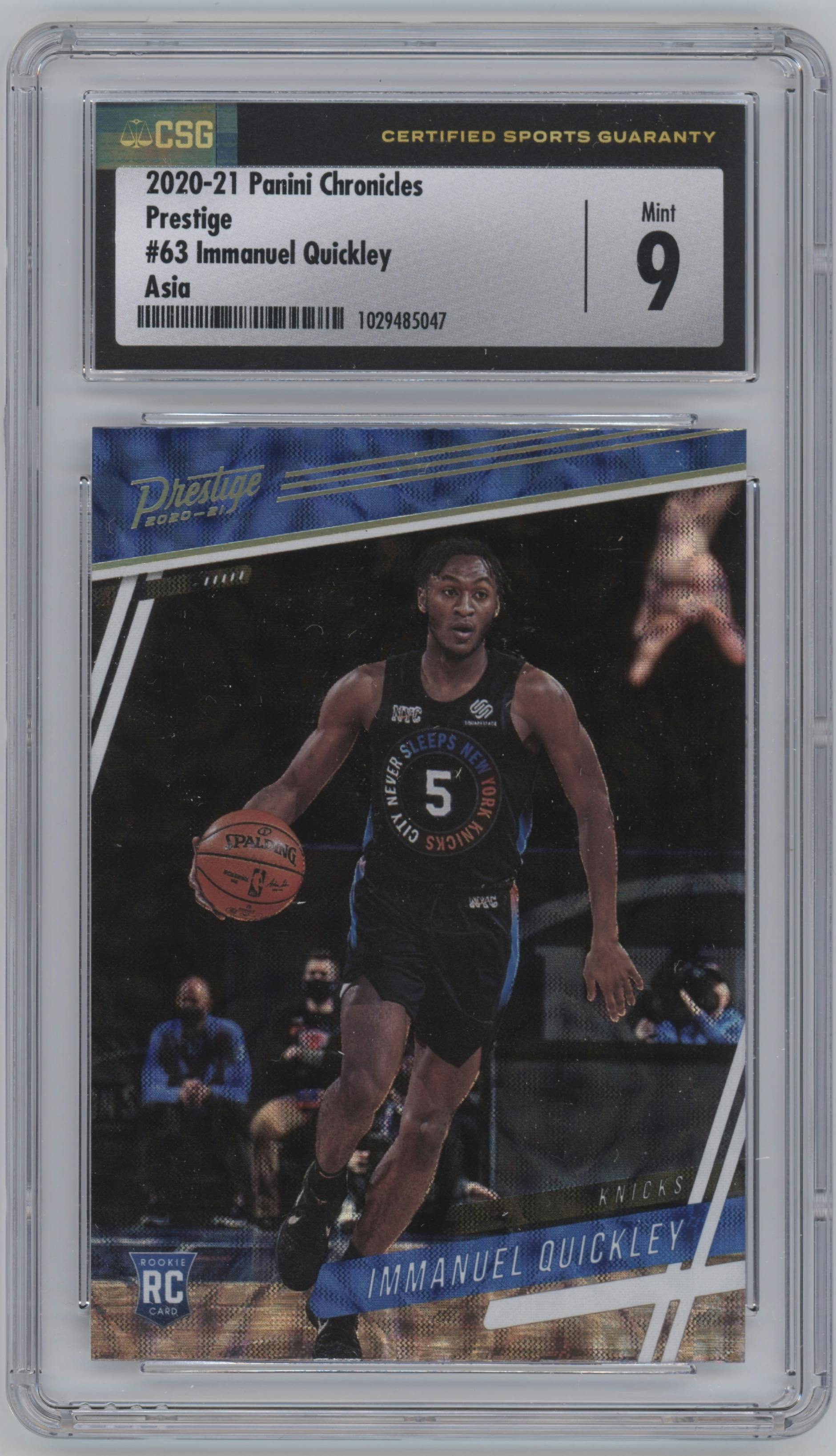 Immanuel Quickley from the 2020-21 Panini Chronicles set featuring a Asia parallel graded by CSG and given an overall grade of 9.