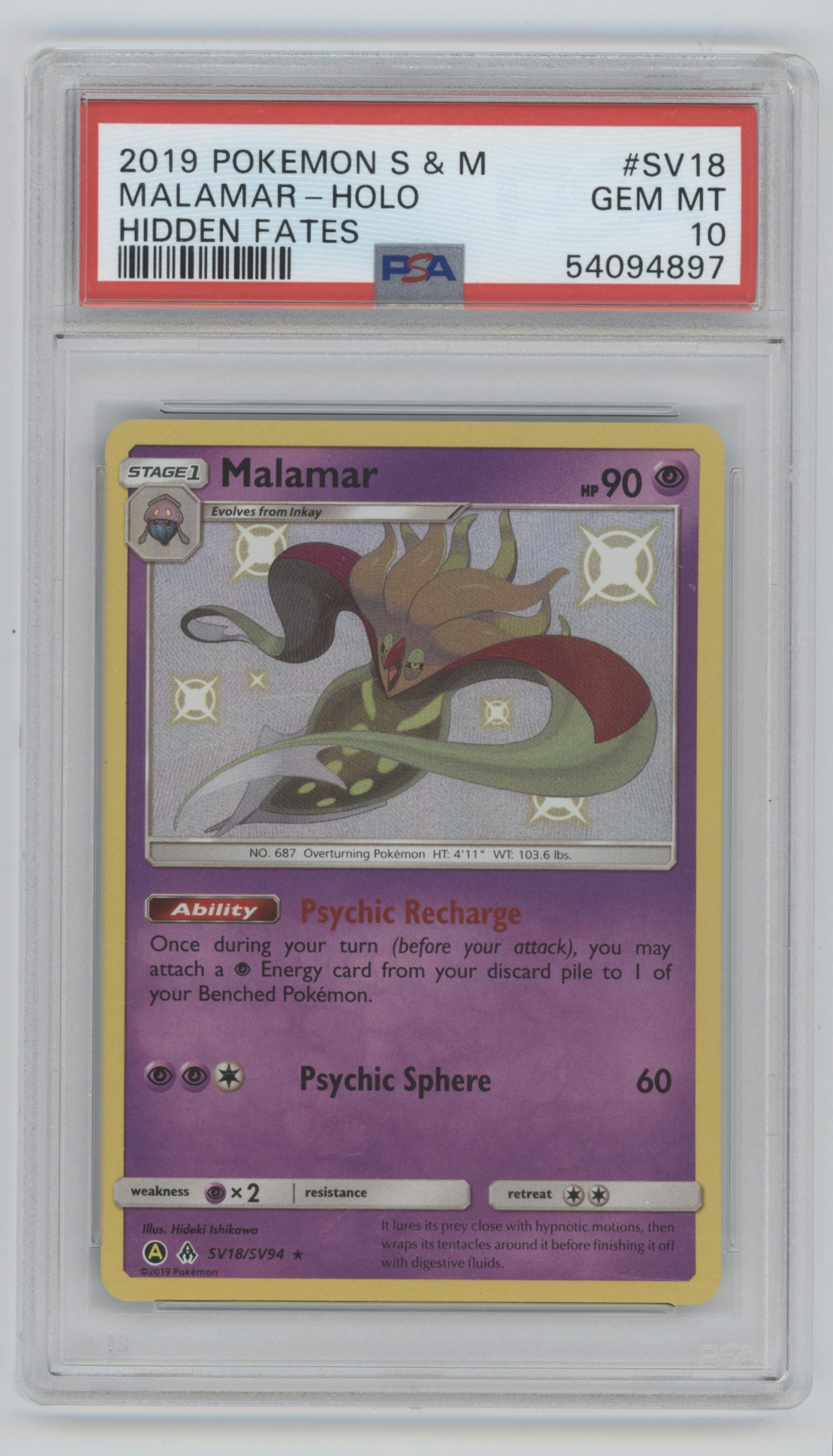 Malamar from the 2019 Pokemon S&M  set graded by PSA and given an overall grade of 10.