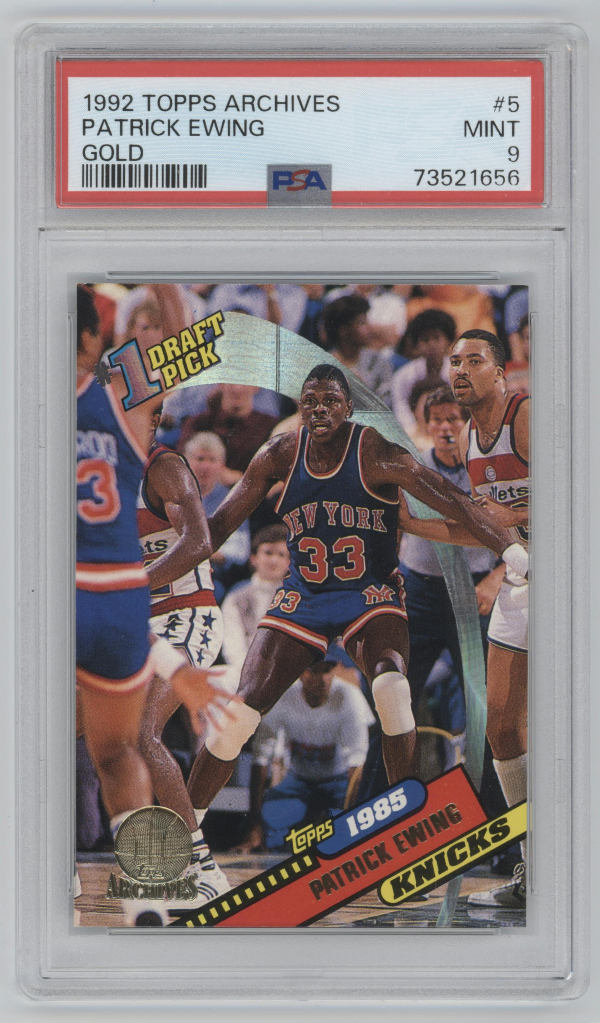 Patrick Ewing from the 1992-93 Topps Archives set featuring a Gold parallel graded by PSA and given an overall grade of 9.