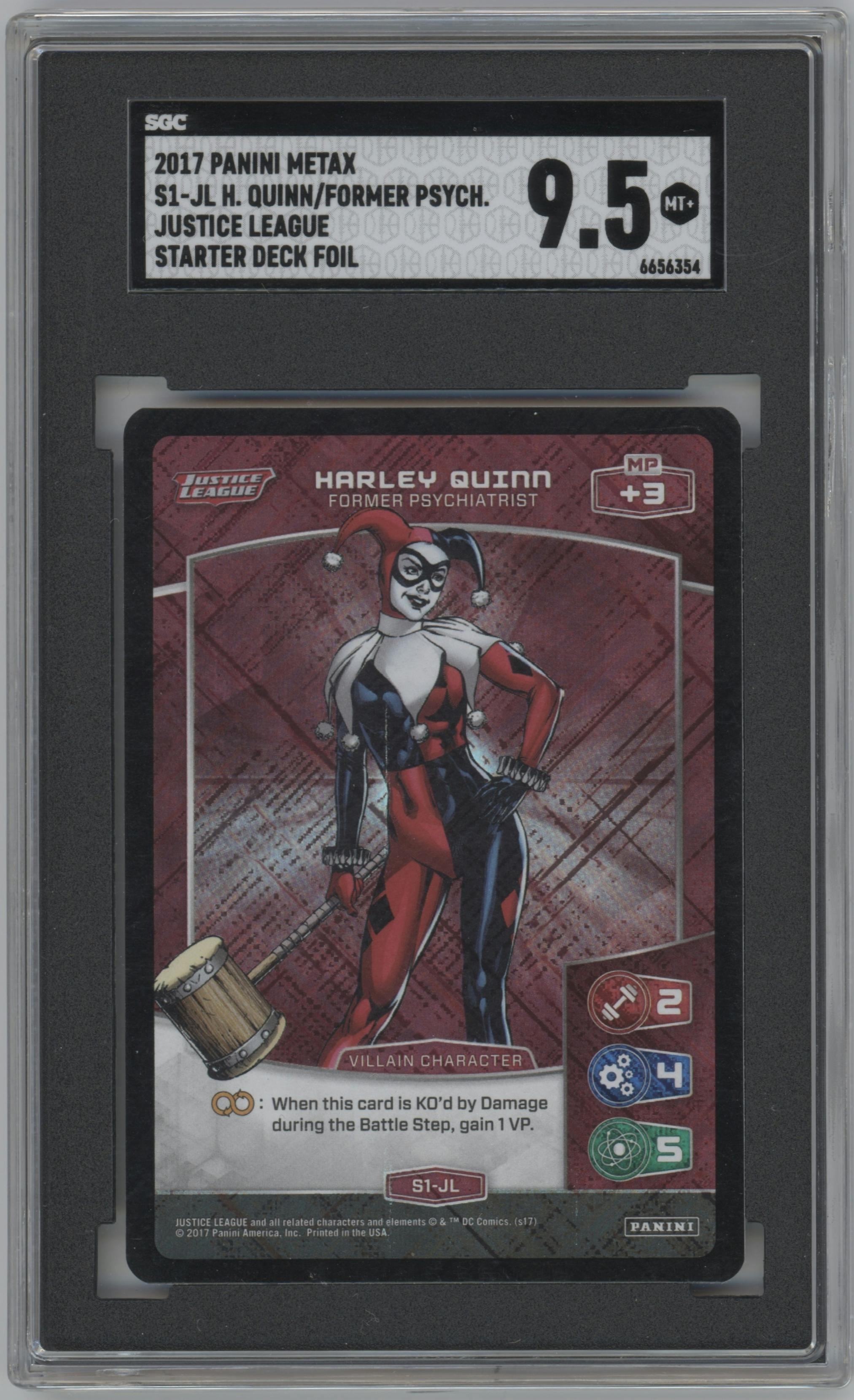 Harley Quinn - Former Psychiatrist from the 2017 Panini MetaX Justice League set featuring a Foil parallel graded by SGC and given an overall grade of 9.5.