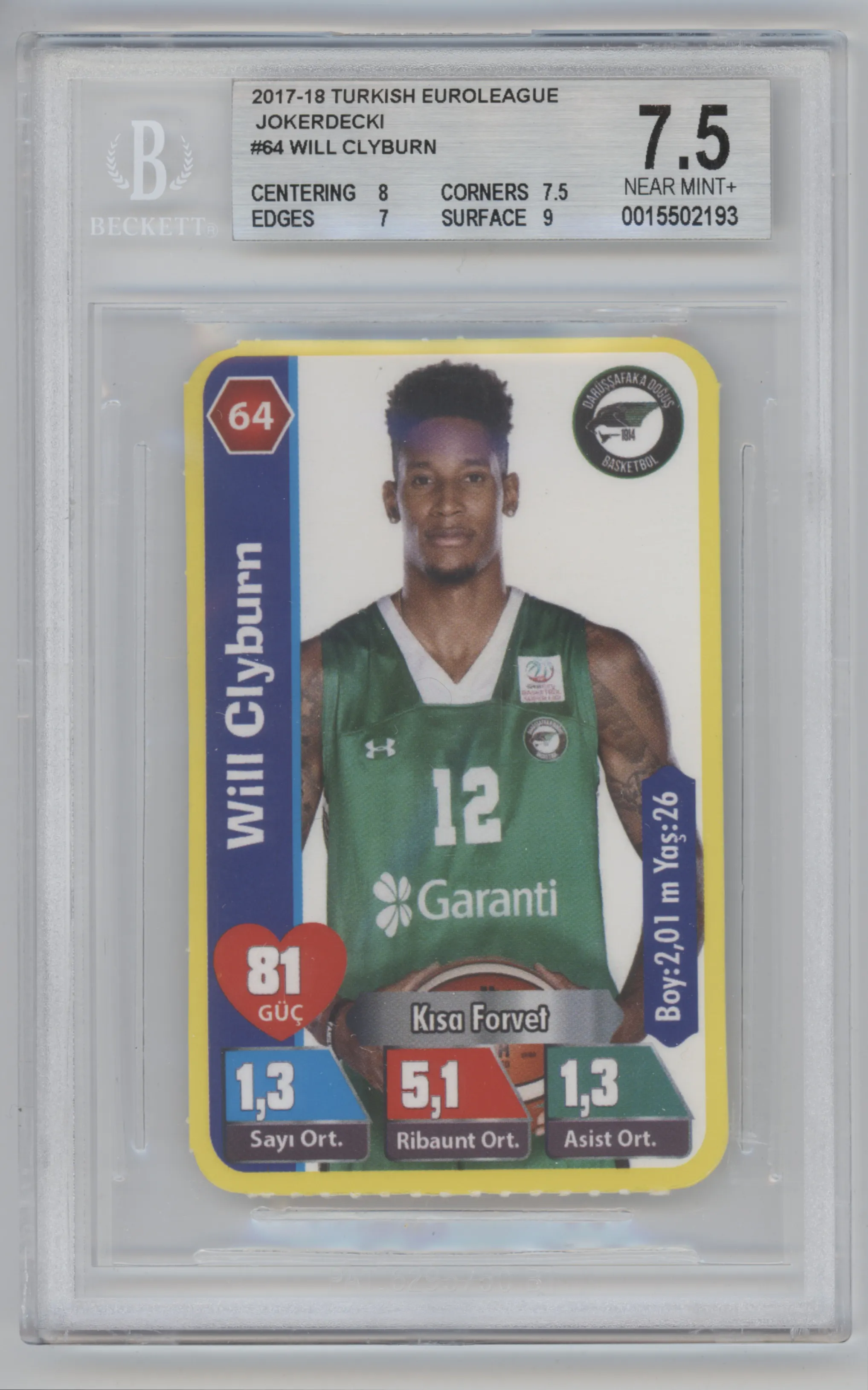 Will Clyburn from the 2017-18 Turkish EuroLeague Jokerdecki set graded by Beckett and given an overall grade of 7.5.