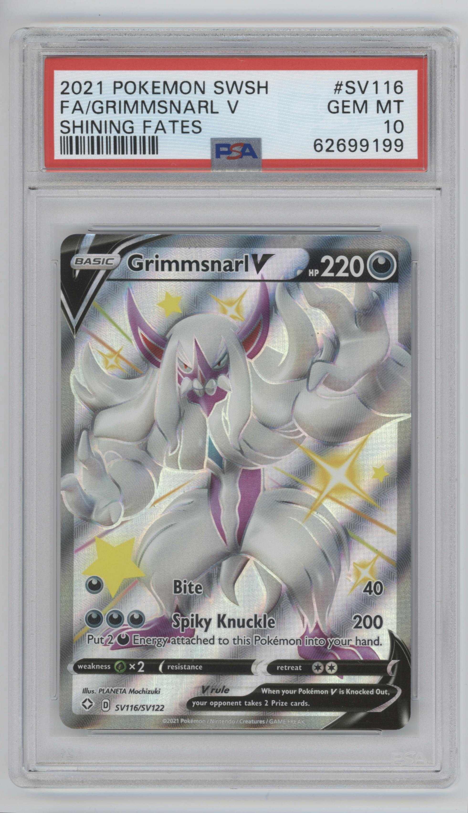 Grimmsnarl V from the 2021 Pokemon SWSH set graded by PSA and given an overall grade of 10.