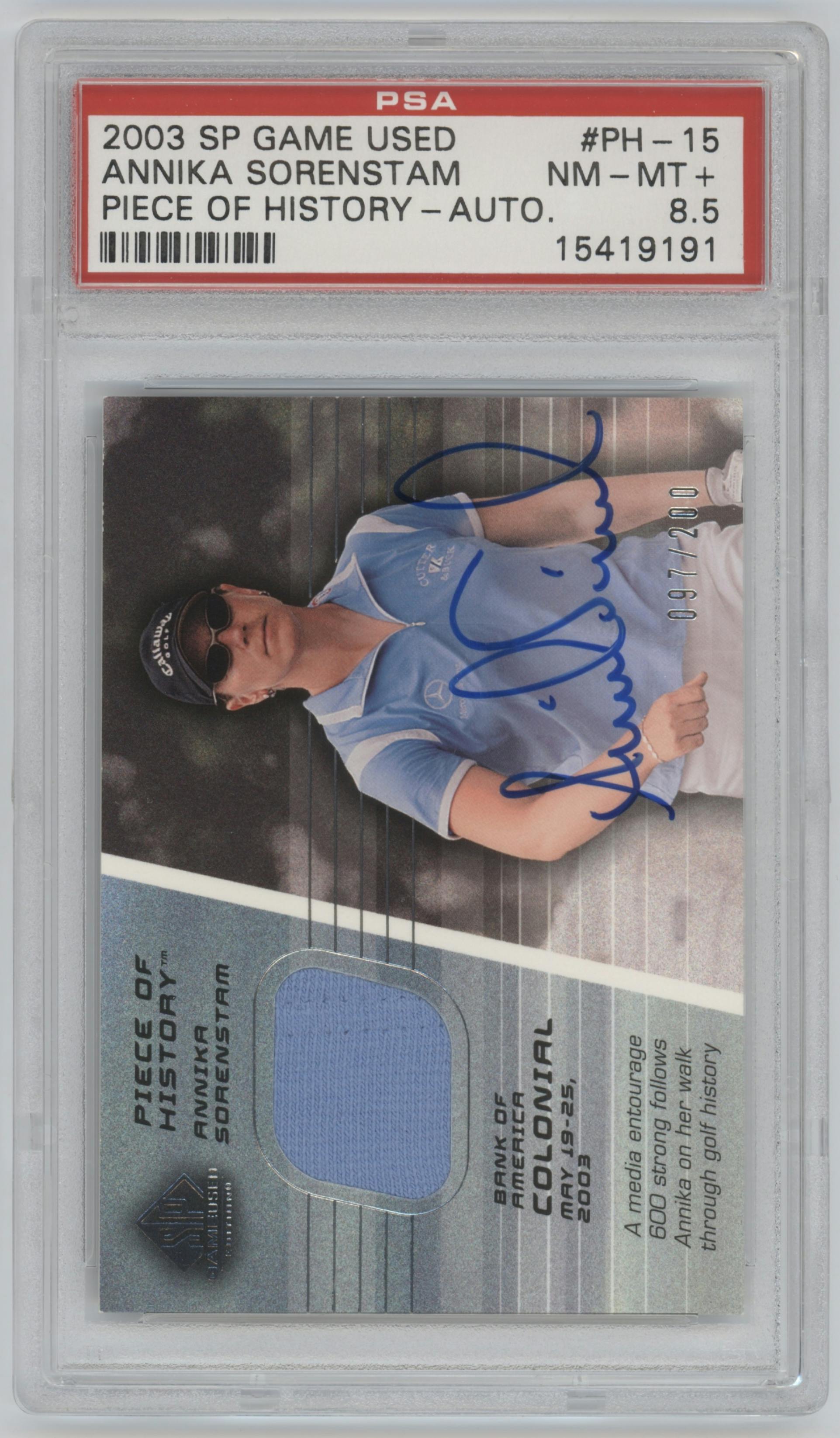 Annika Sorenstam from the 2003 UD SP Game Used  set graded by PSA and given an overall grade of 8.5.