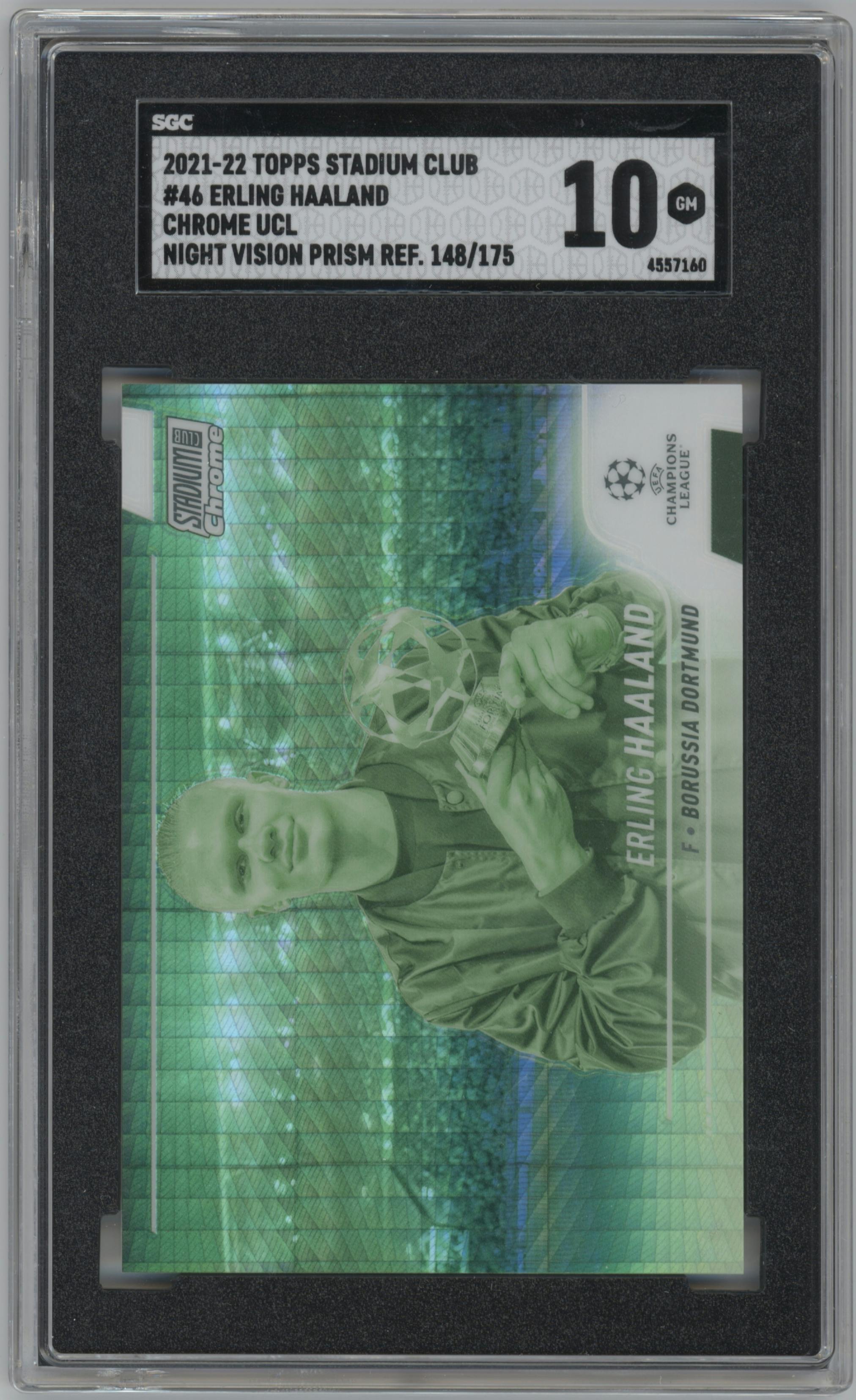 Erling Haaland from the 2021-22 Topps Stadium Club Chrome UEFA Champions League set featuring a Night Vision Prism Refractor parallel graded by SGC and given an overall grade of 10.