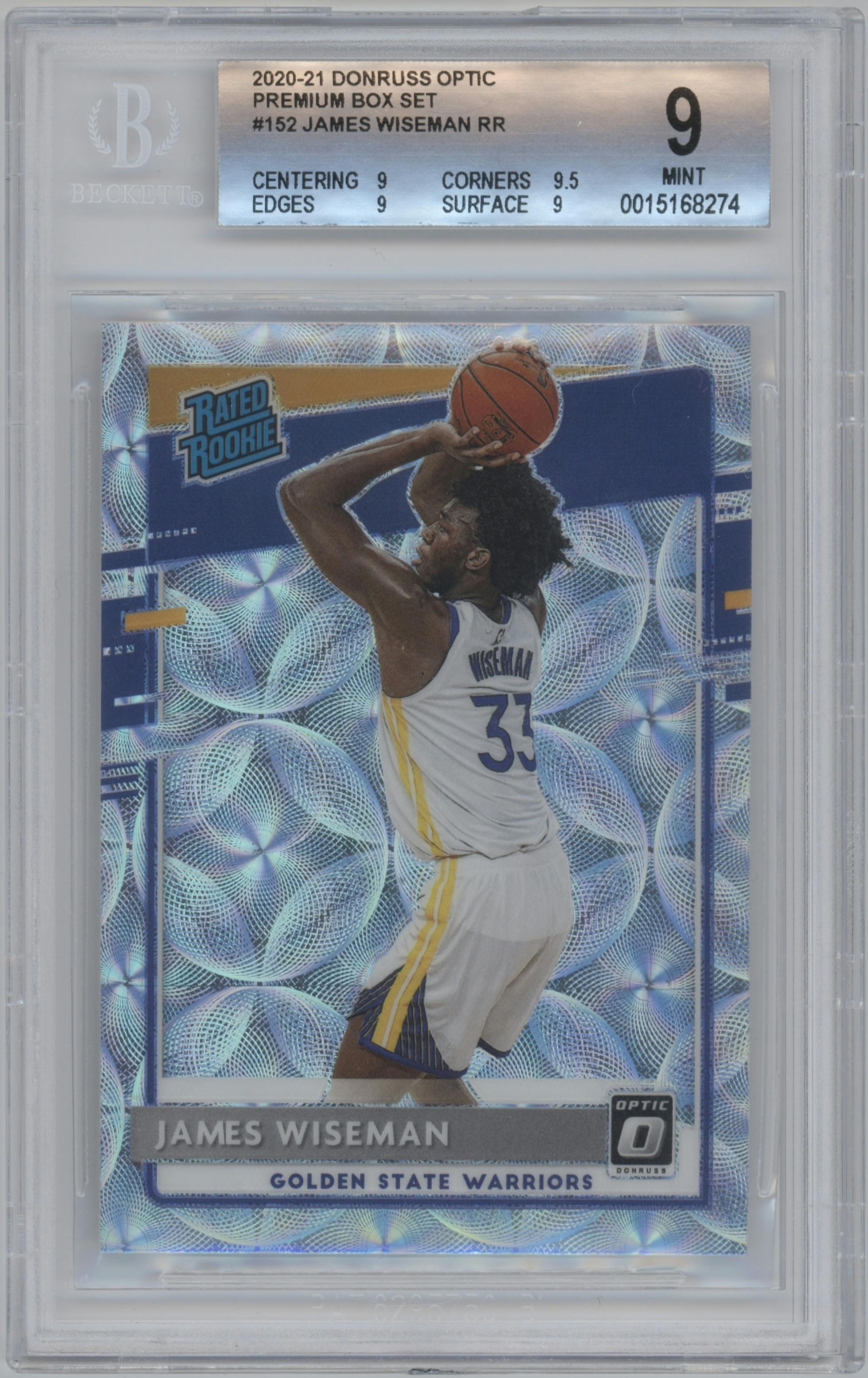 James Wiseman from the 2020-21 Panini Donruss Optic set featuring a Premium Box Set parallel graded by Beckett and given an overall grade of 9.
