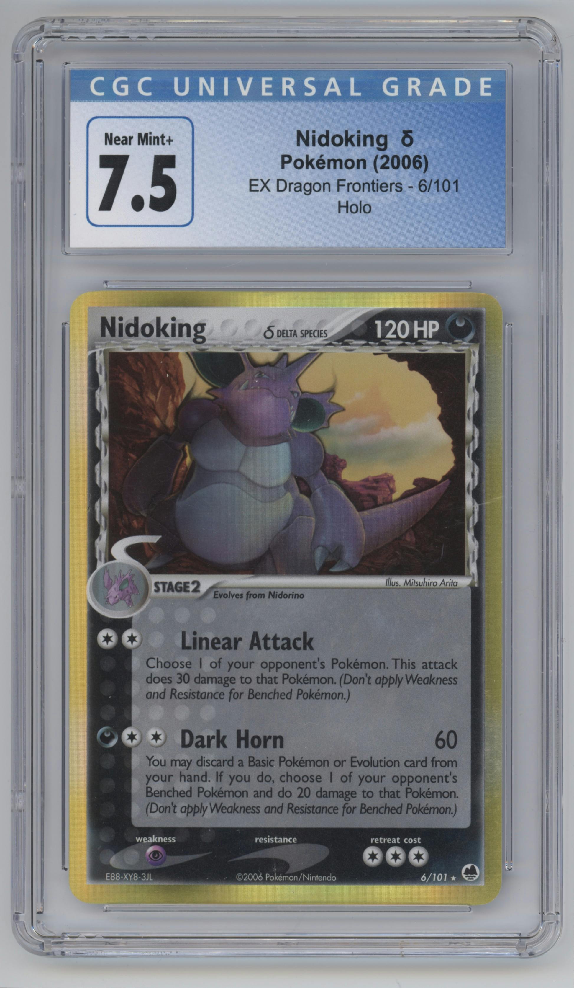 Nidoking from the 2006 Pokemon EX set graded by CSG and given an overall grade of 7.5.