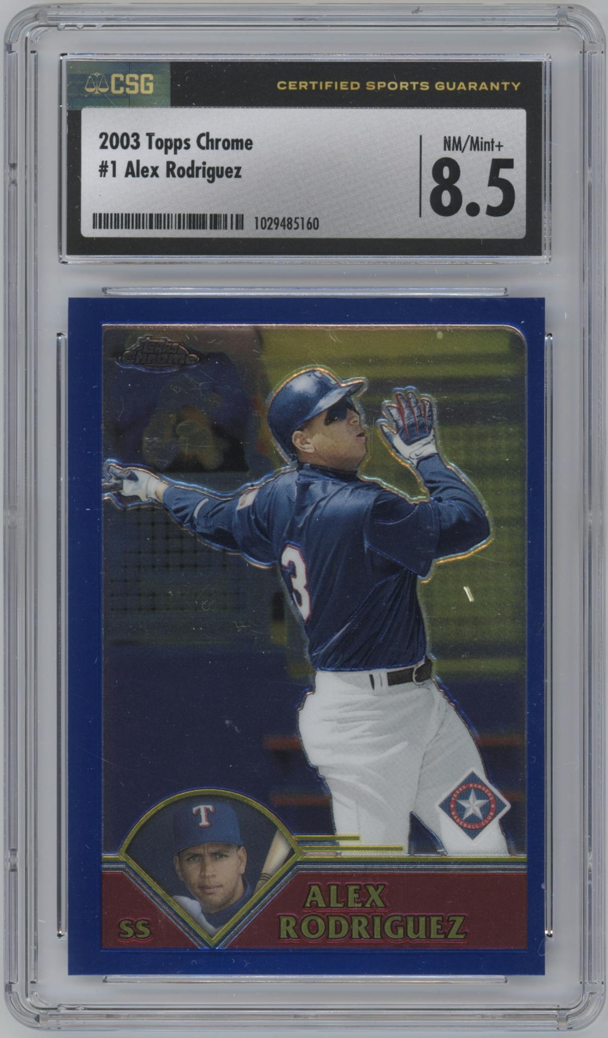 Alex Rodriguez from the 2003 Topps Chrome set graded by CSG and given an overall grade of 8.5.