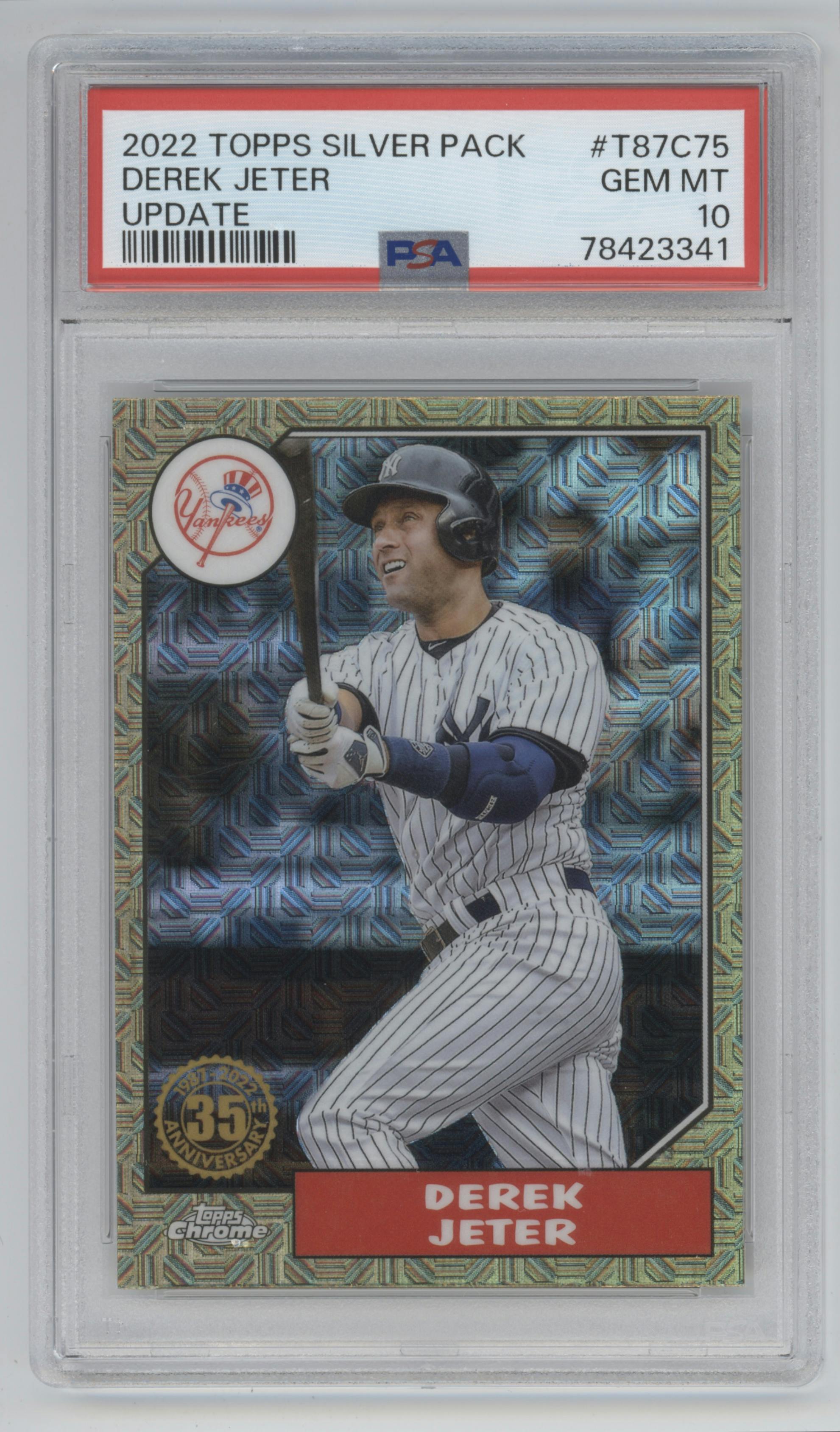 Derek Jeter from the 2022 Topps Silver Pack  set graded by PSA and given an overall grade of 10.