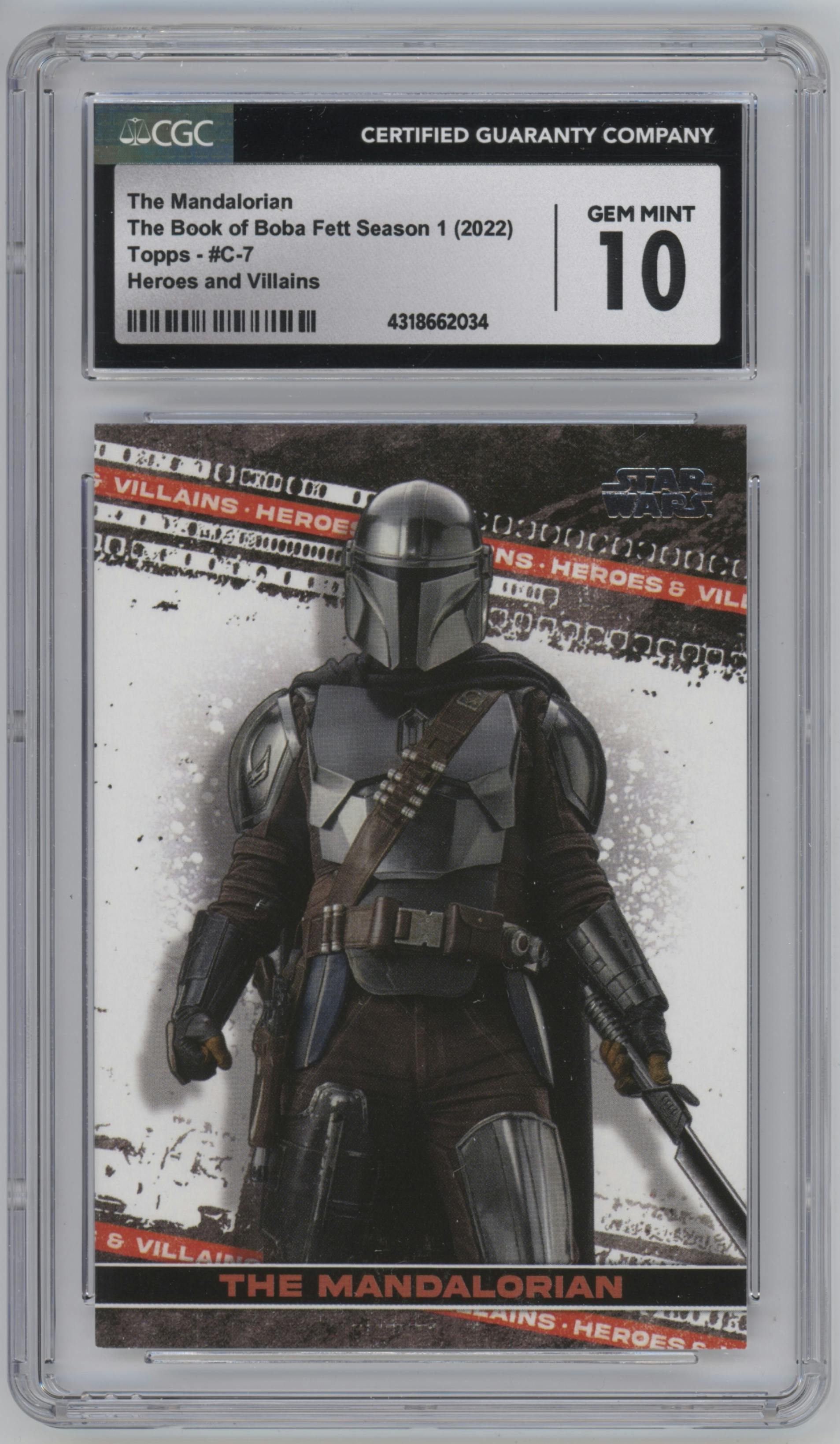 The Mandalorian from the 2022 Topps Star Wars The Book of Boba Fett set graded by CSG and given an overall grade of 10.