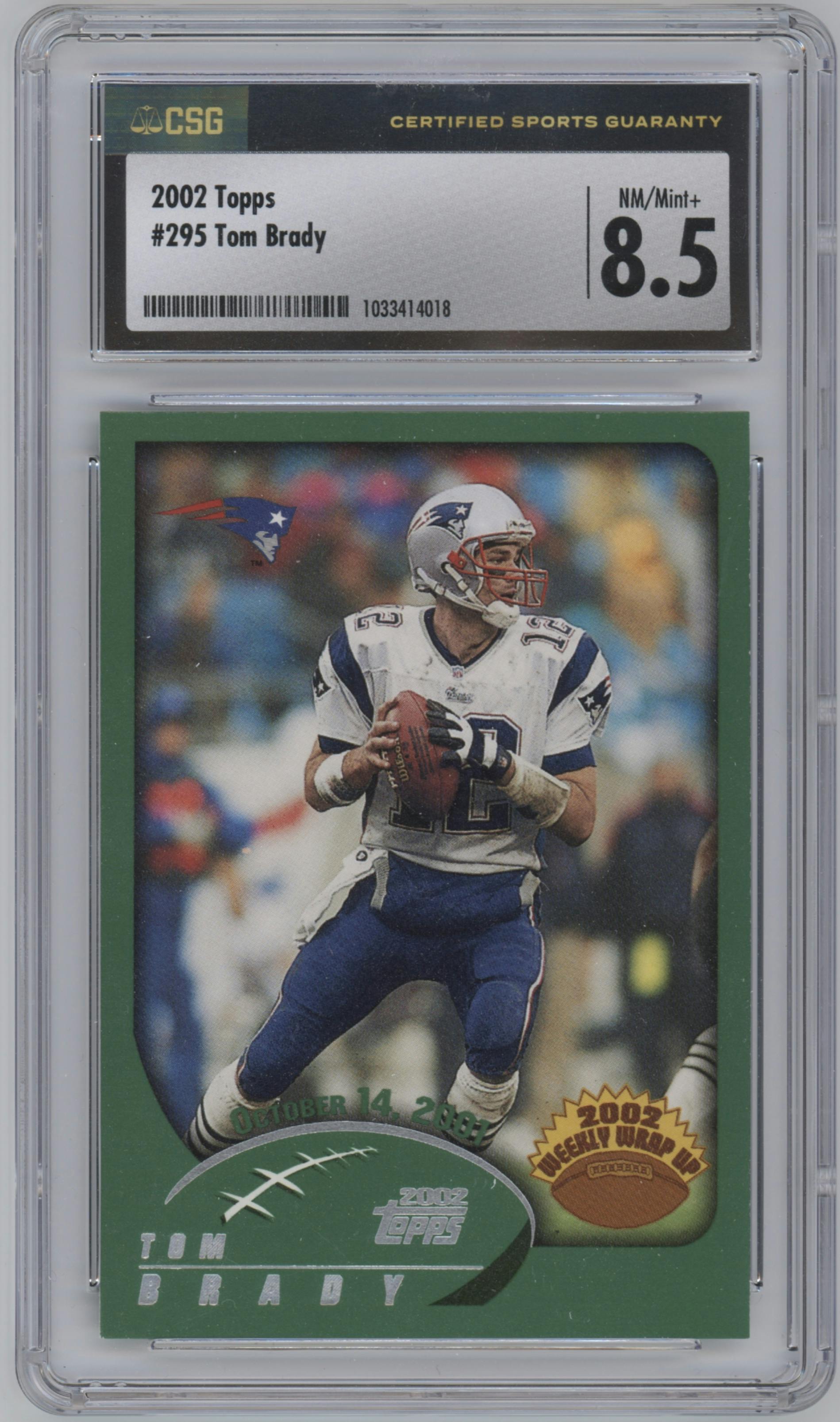 Tom Brady from the 2002 Topps set graded by CSG and given an overall grade of 8.5.