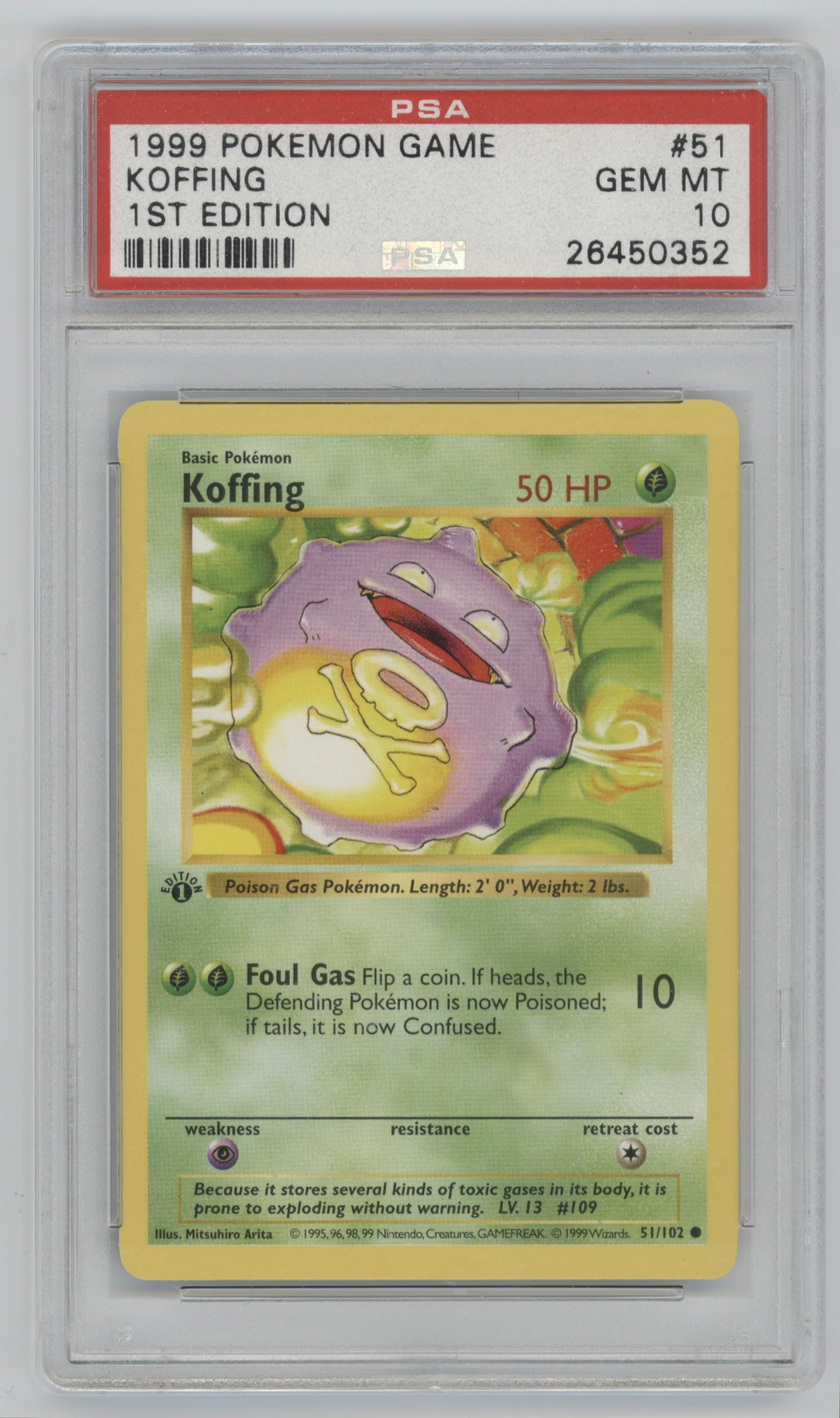 Koffing from the 1999 Pokemon set graded by PSA and given an overall grade of 10.