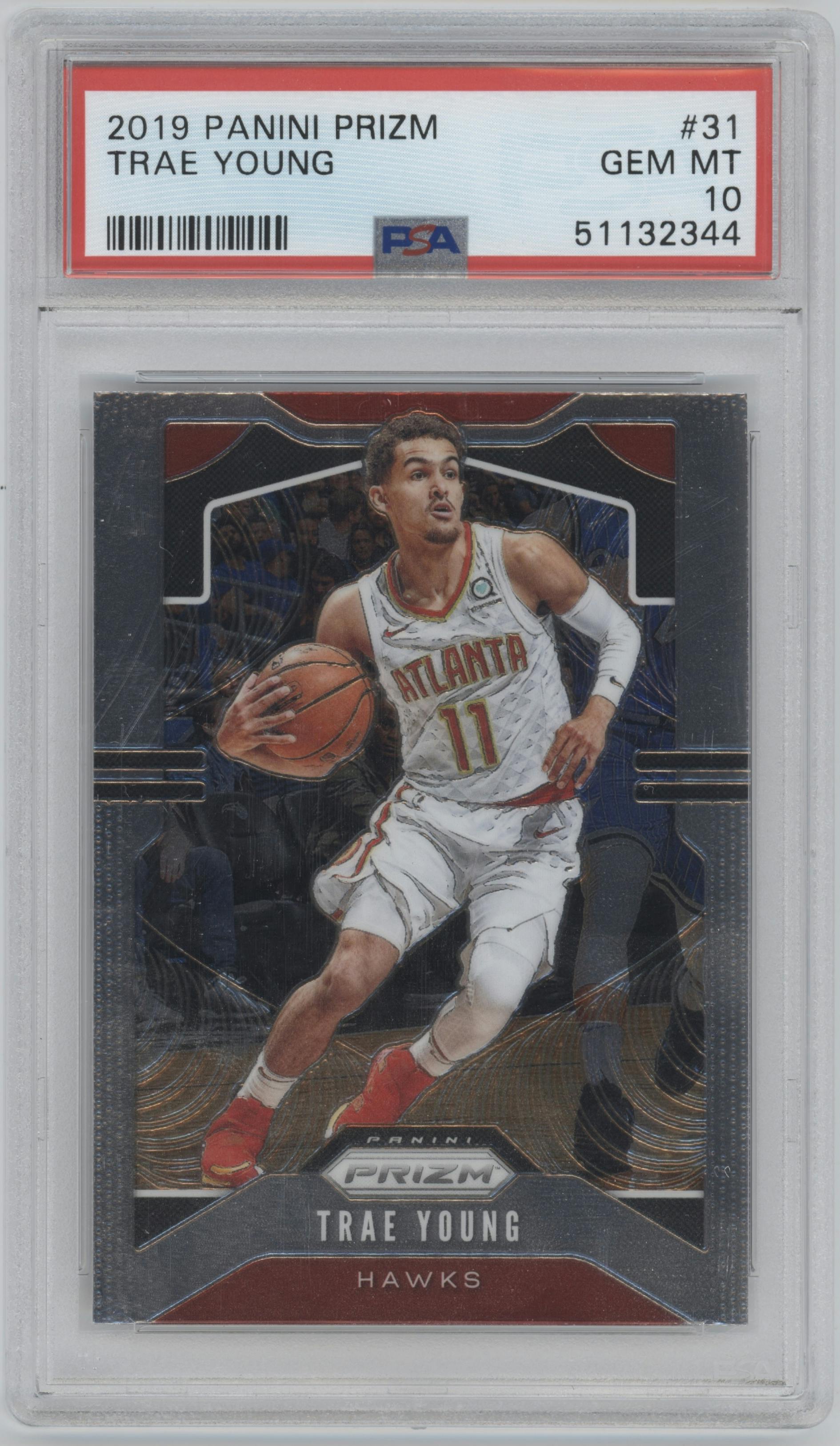 Trae Young from the 2019-20 Panini Prizm set graded by PSA and given an overall grade of 10.
