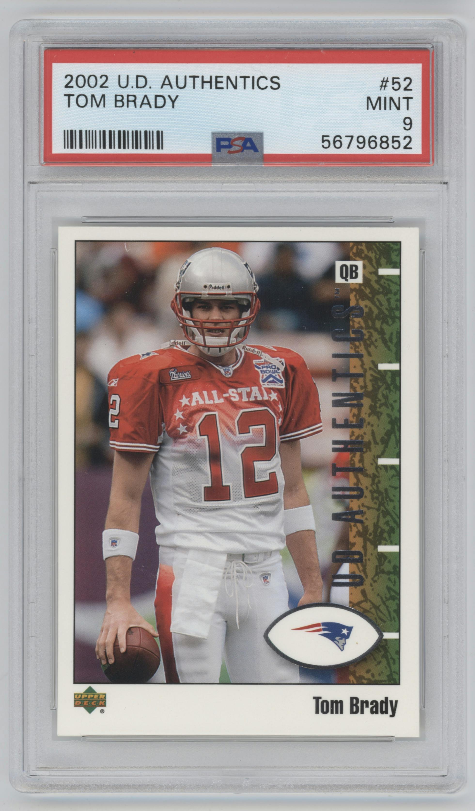 Tom Brady from the 2002 Upper Deck Authentics set graded by PSA and given an overall grade of 9.