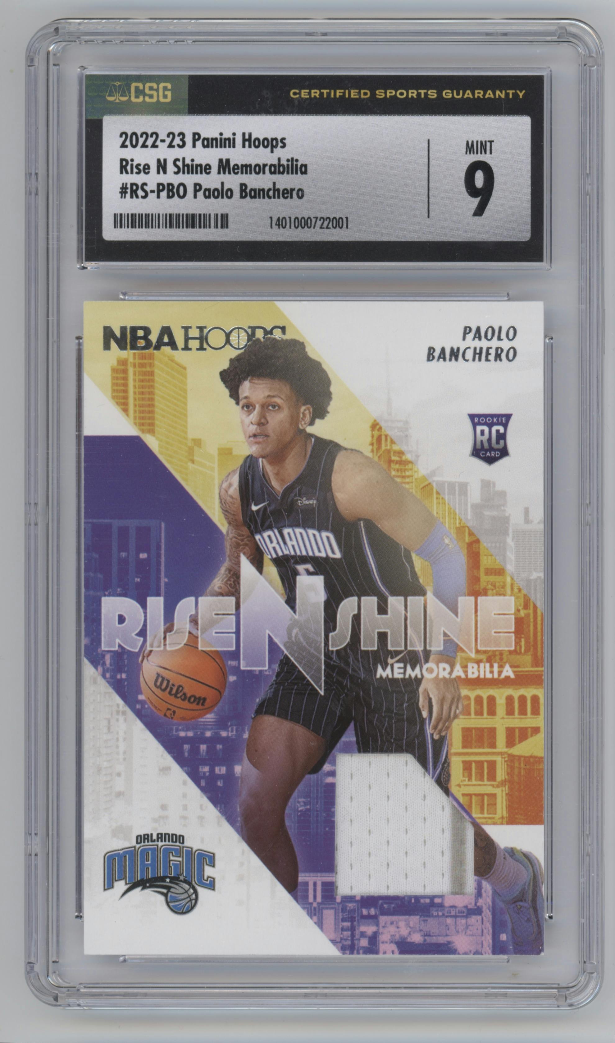 Paolo Banchero from the 2022-23 Panini NBA Hoops set graded by CSG and given an overall grade of 9.