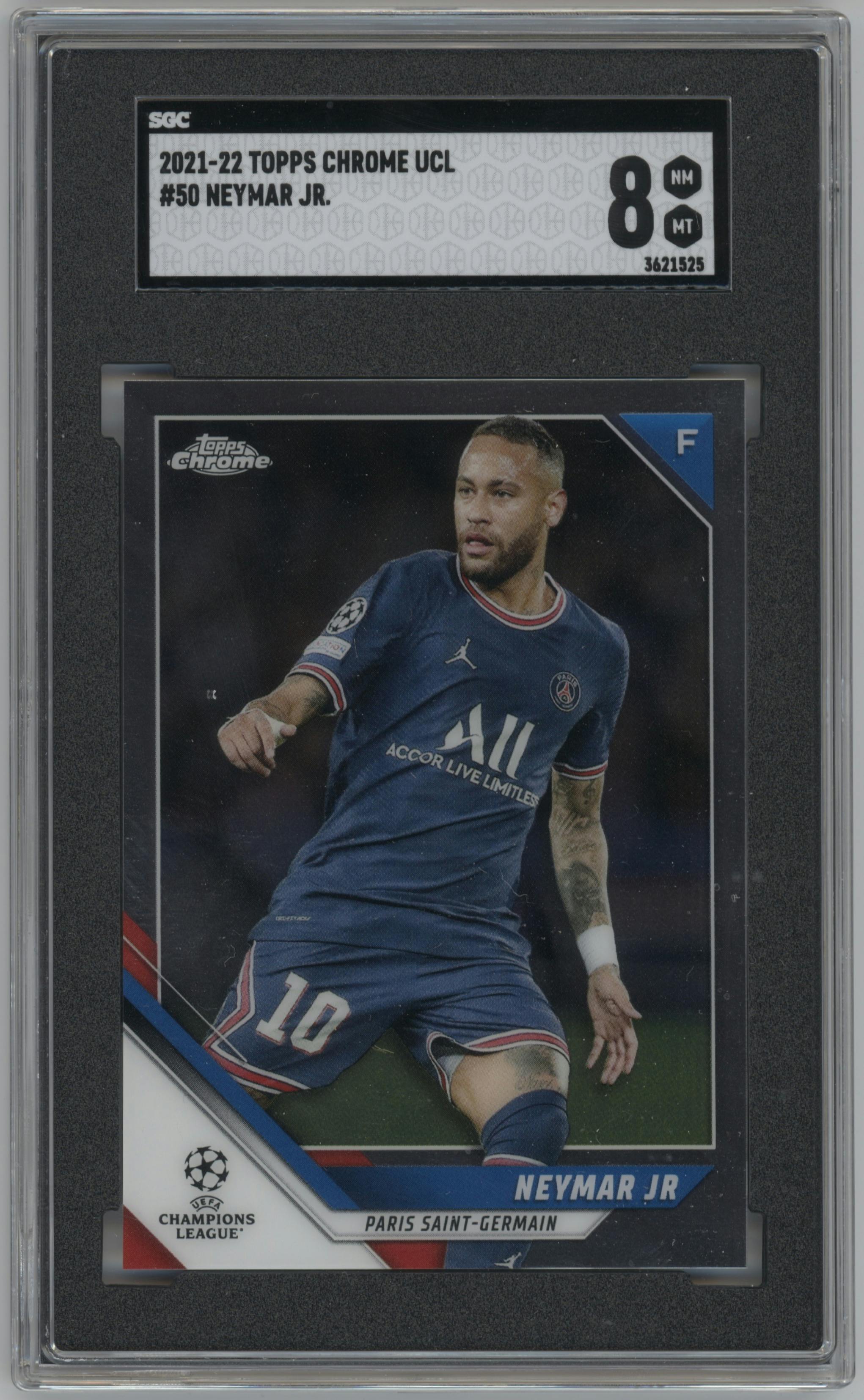 Neymar Jr from the 2021-22 Topps Chrome UEFA Champions League set graded by SGC and given an overall grade of 8.