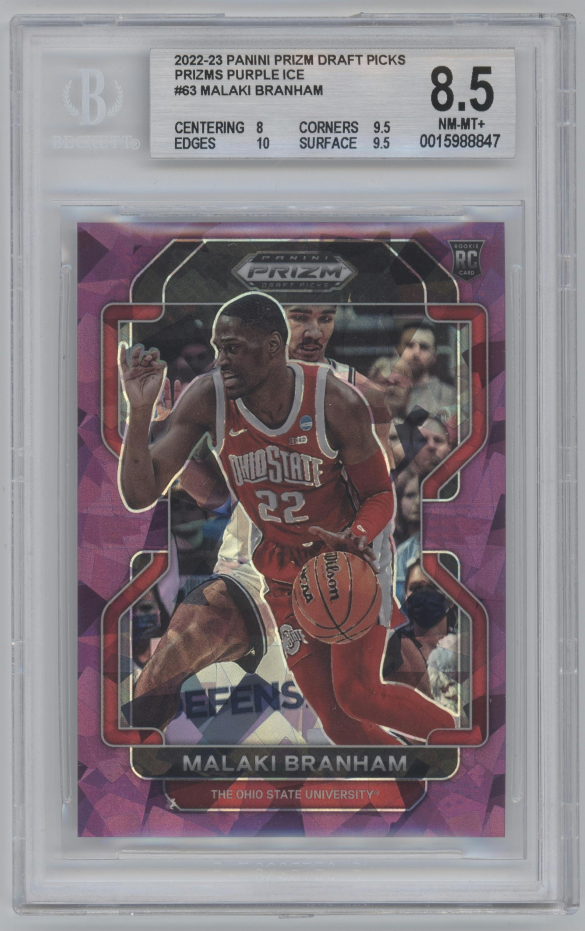 Malaki Branham from the 2022-23 Panini Prizm Draft Picks set featuring a Purple Ice parallel graded by Beckett and given an overall grade of 8.5.