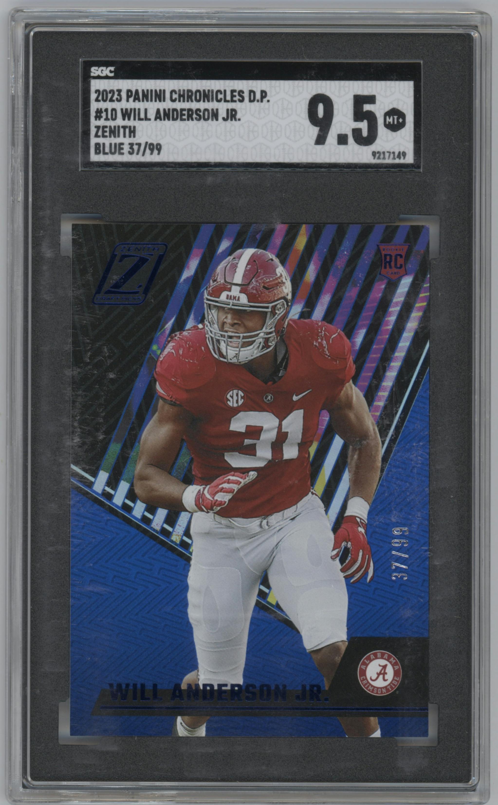 Will Anderson Jr. from the 2023 Panini Chronicles Draft Picks set featuring a Blue parallel graded by SGC and given an overall grade of 9.5.