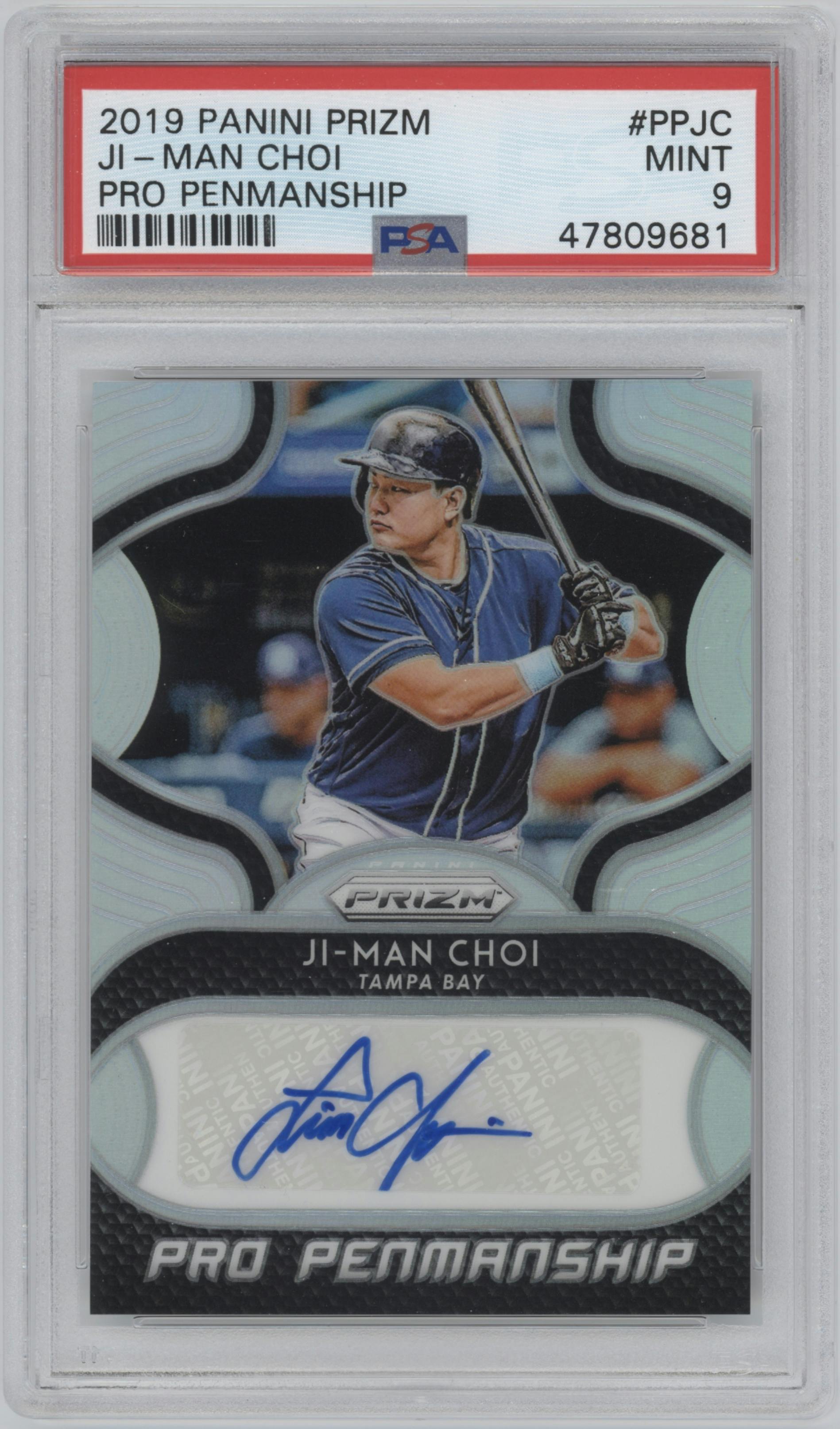 Ji-Man Choi from the 2019 Panini Prizm set graded by PSA and given an overall grade of 9.