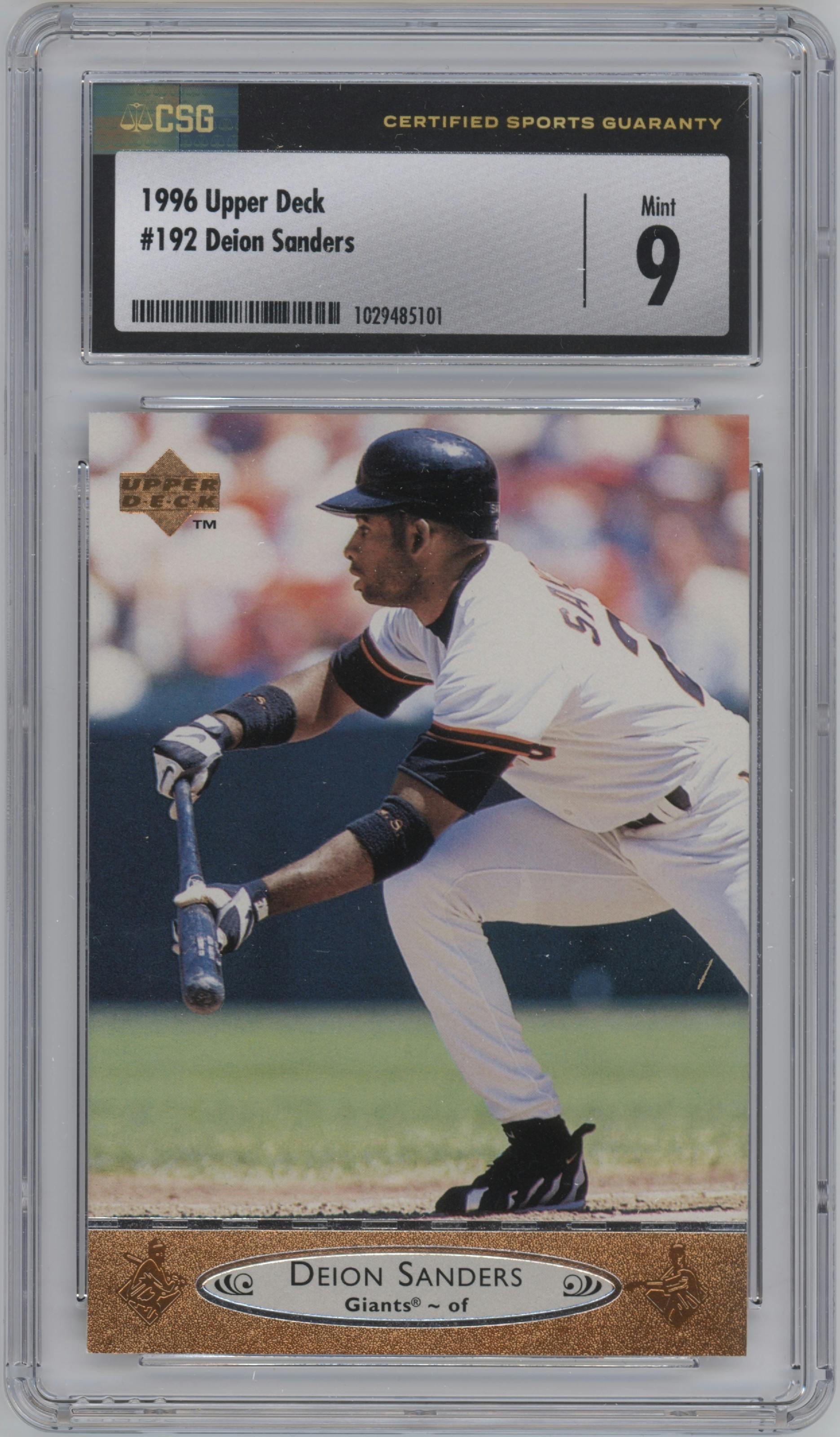 Deion Sanders from the 1996 Upper Deck set graded by CSG and given an overall grade of 9.