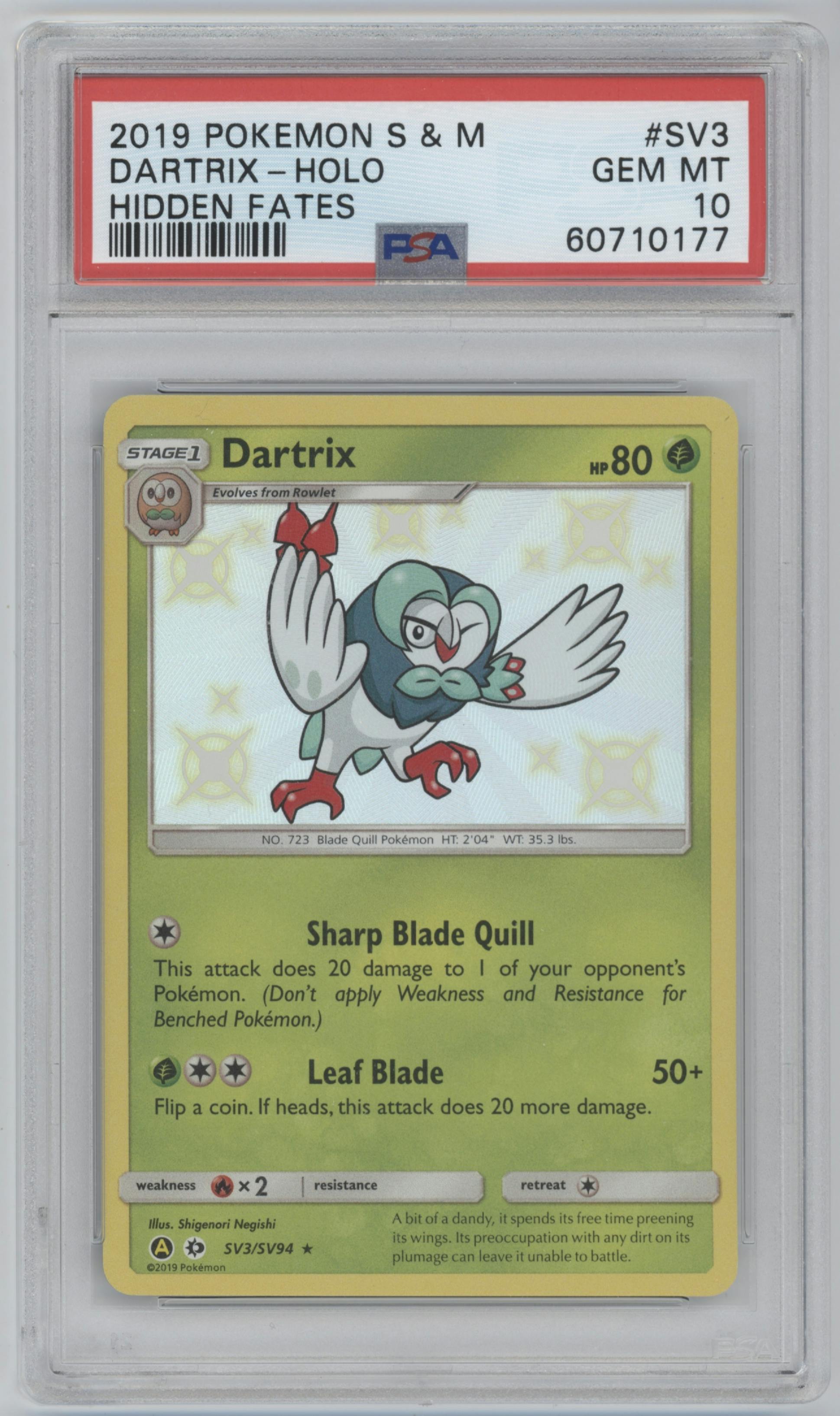 Dartrix from the 2019 Pokemon S&M  set graded by PSA and given an overall grade of 10.