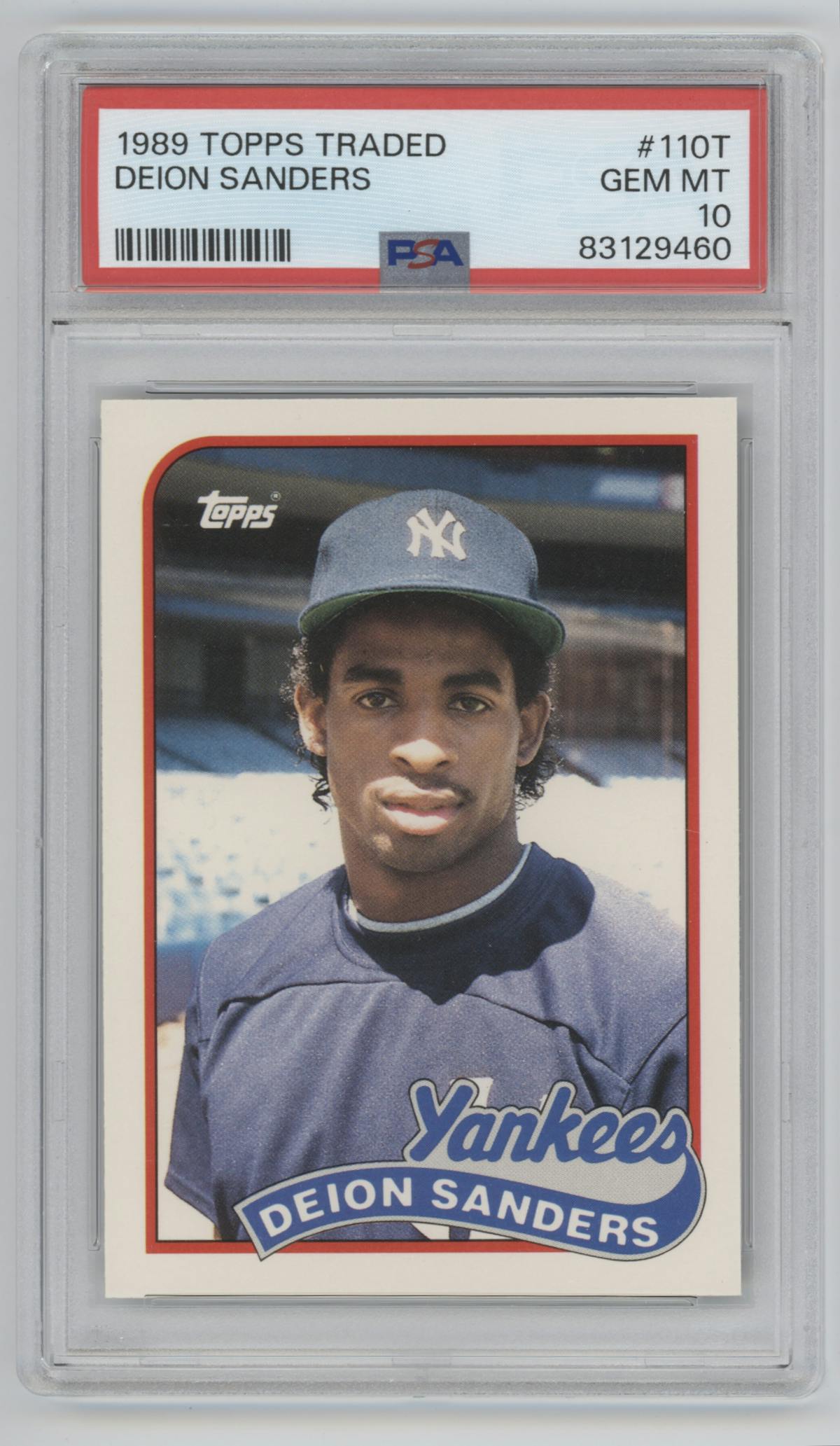 Deion Sanders from the 1989 Topps Traded set graded by PSA and given an overall grade of 10.