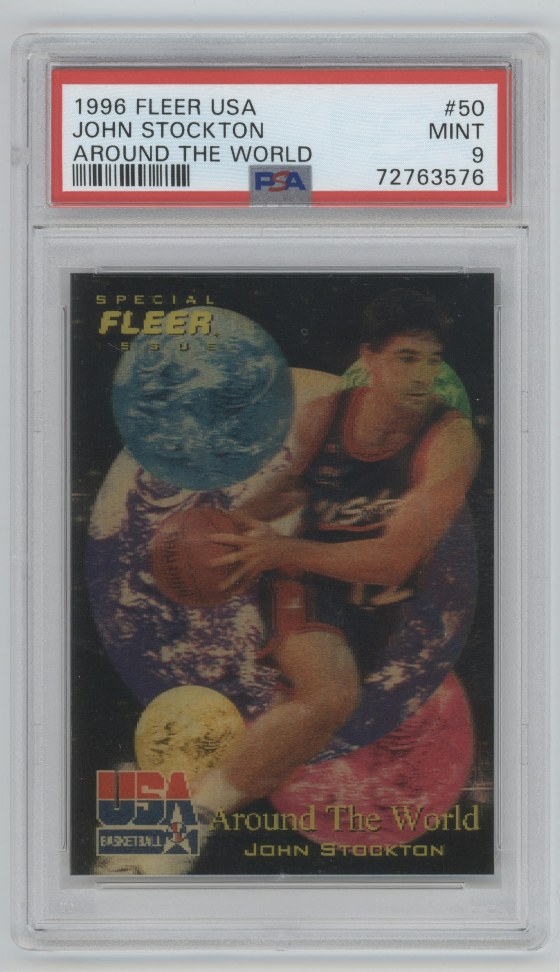 John Stockton  from the 1996-97 Fleer USA set graded by PSA and given an overall grade of 9.
