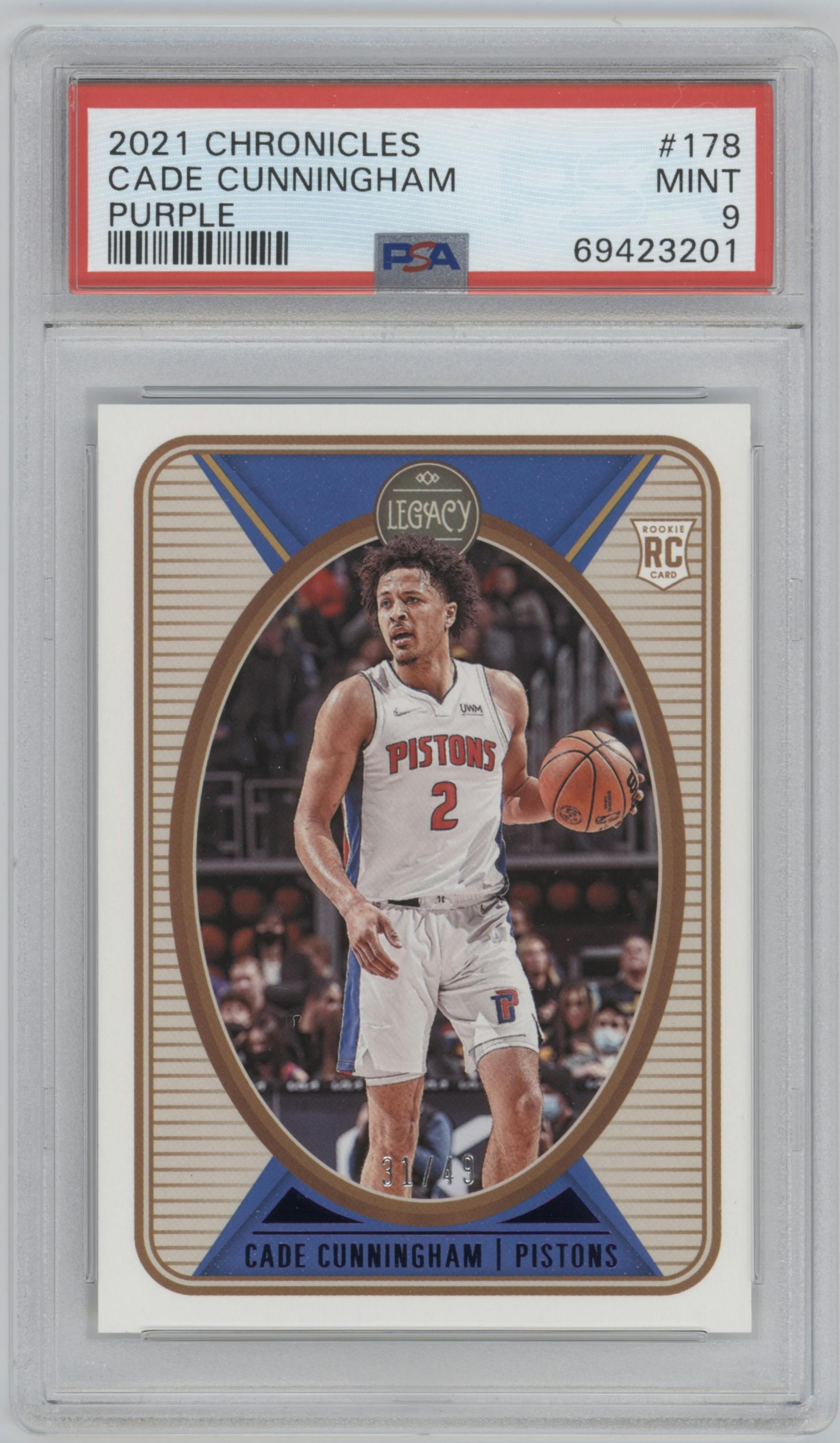 Cade Cunningham from the 2021-22 Panini Chronicles set featuring a Purple  parallel graded by PSA and given an overall grade of 9.