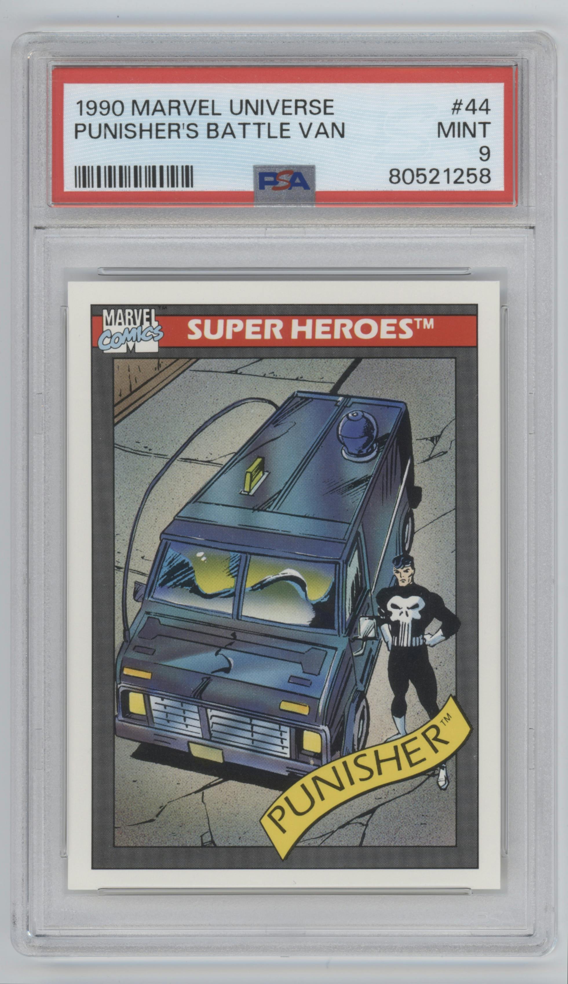 Punisher from the 1990 Impel Marvel Universe  set graded by PSA and given an overall grade of 9.