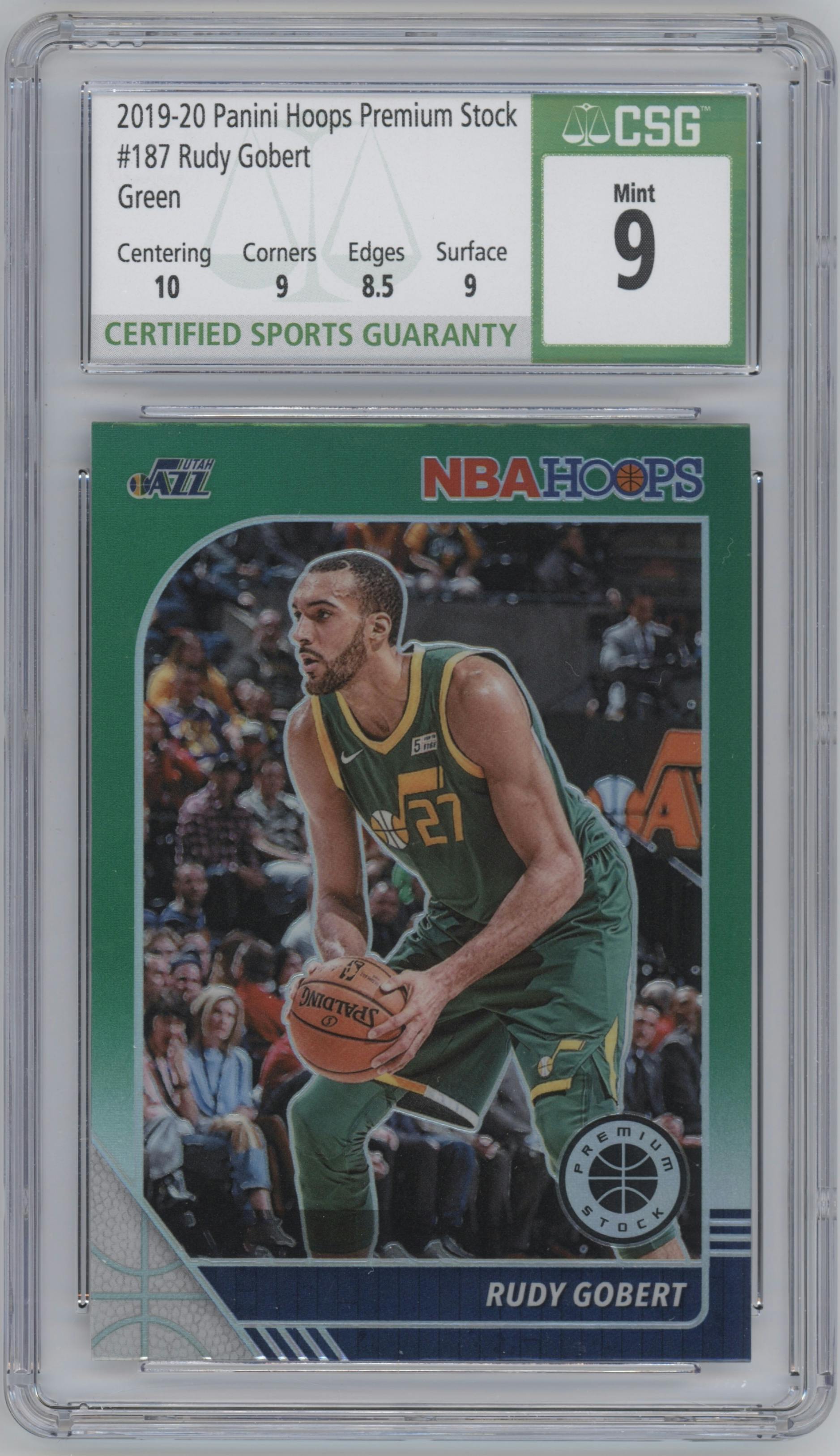 Rudy Gobert from the 2019-20 Panini Hoops Premium Stock set featuring a Green  parallel graded by CSG and given an overall grade of 9.