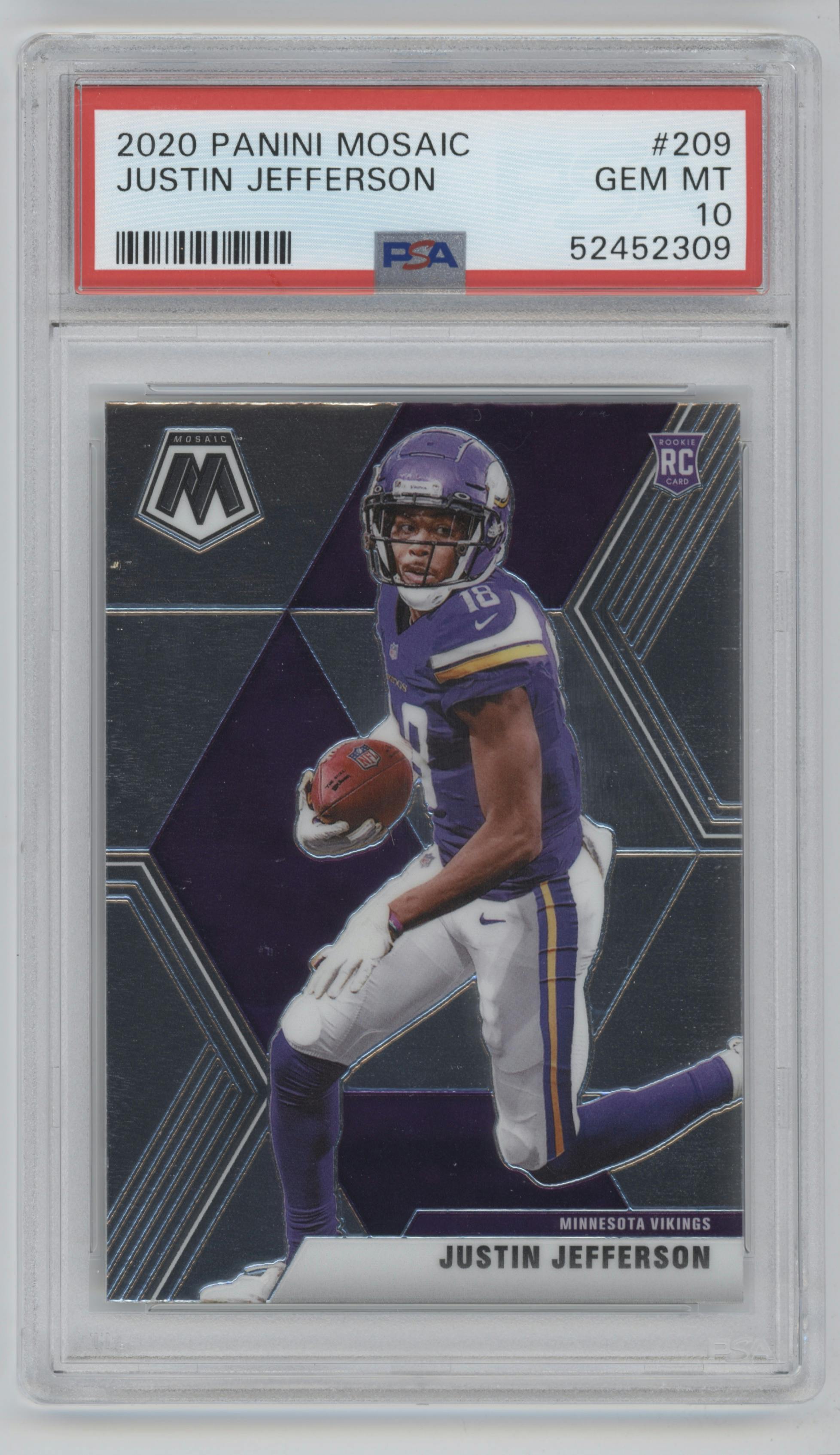 Justin Jefferson from the 2020 Panini Mosaic set graded by PSA and given an overall grade of 10.