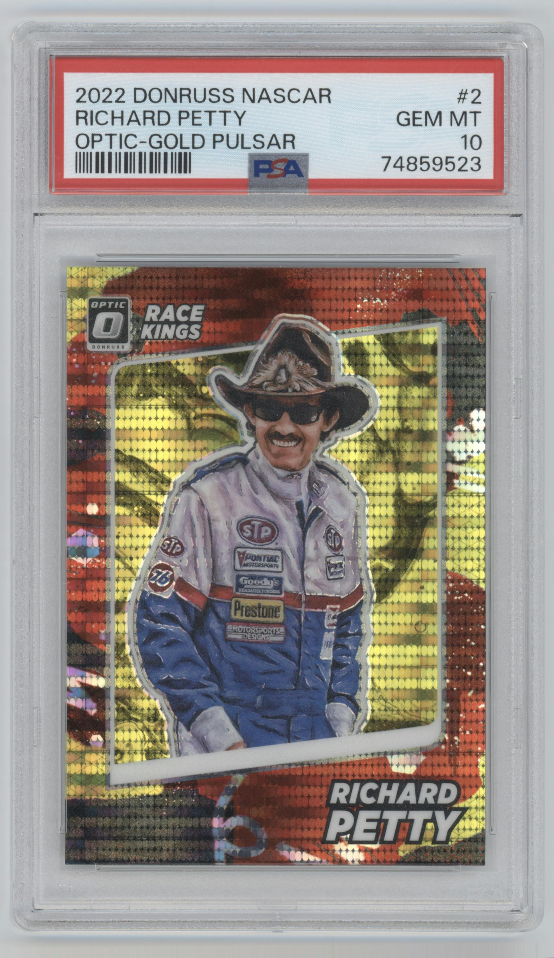 Richard Petty from the 2022 Donruss Racing NASCAR set featuring a Gold Pulsar  parallel graded by PSA and given an overall grade of 10.