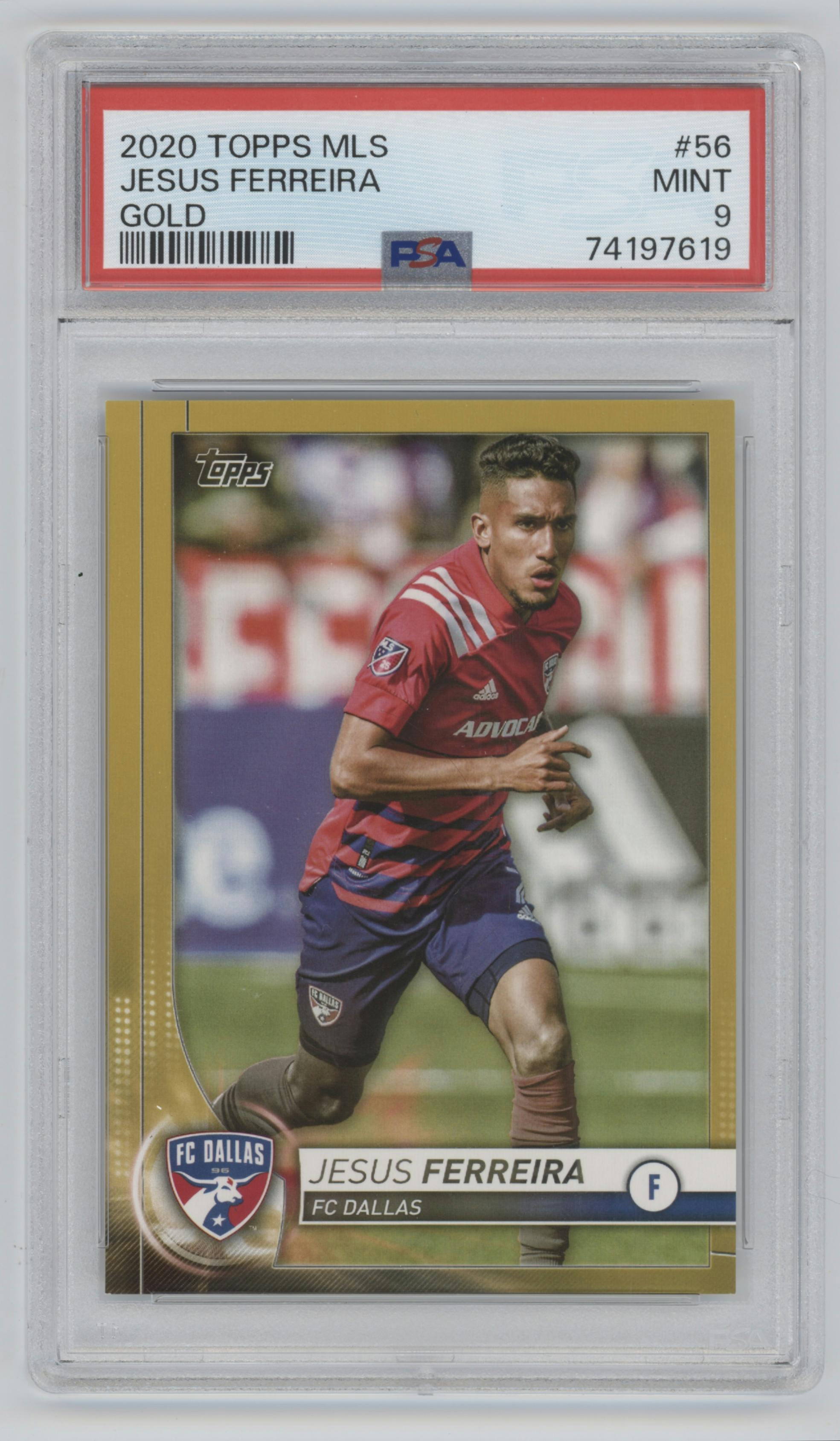 Jesus Ferreira from the 2020 Topps MLS Major League set featuring a Gold parallel graded by PSA and given an overall grade of 9.