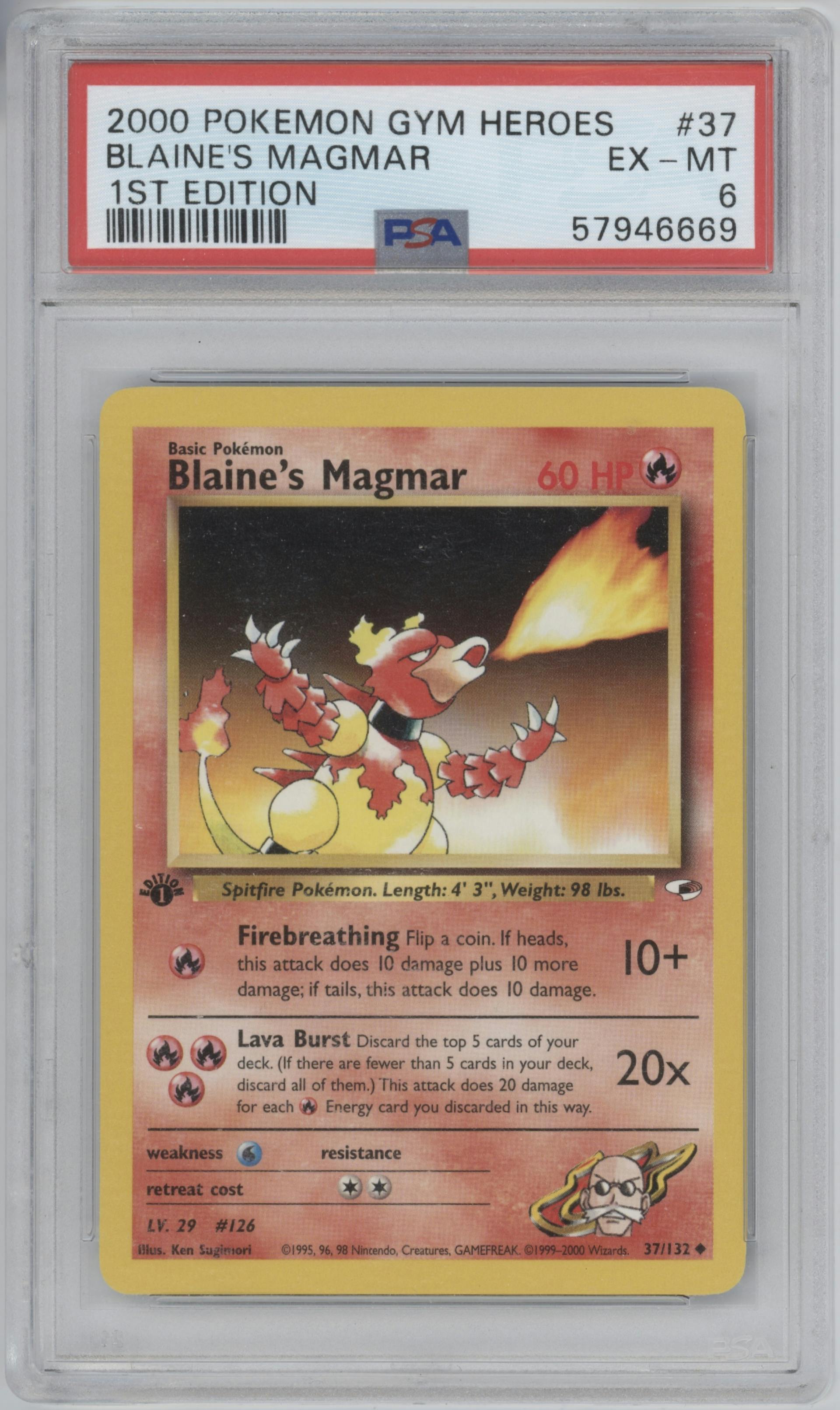 Blaine's Magmar from the 2000 Pokemon GH set graded by PSA and given an overall grade of 6.