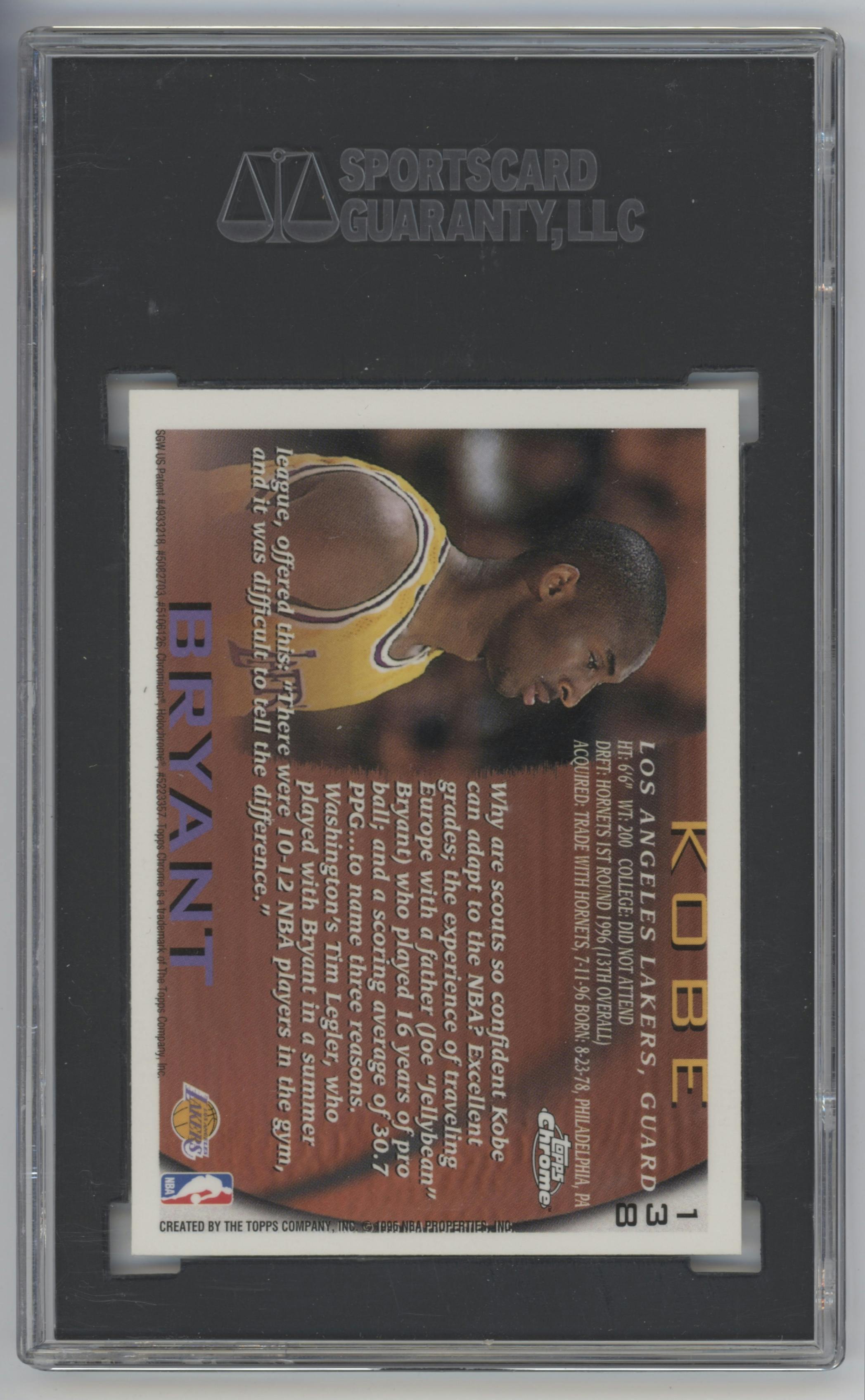 Kobe Bryant from the 1996-97 Topps Chrome set graded by SGC and given an overall grade of 9.