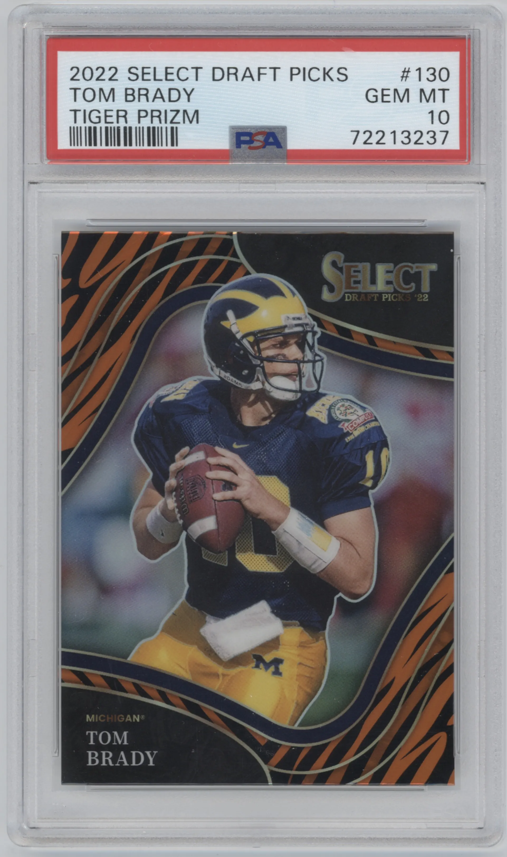 Tom Brady from the 2022 Panini Select Draft Picks set featuring a Tiger Prizm parallel graded by PSA and given an overall grade of 10.