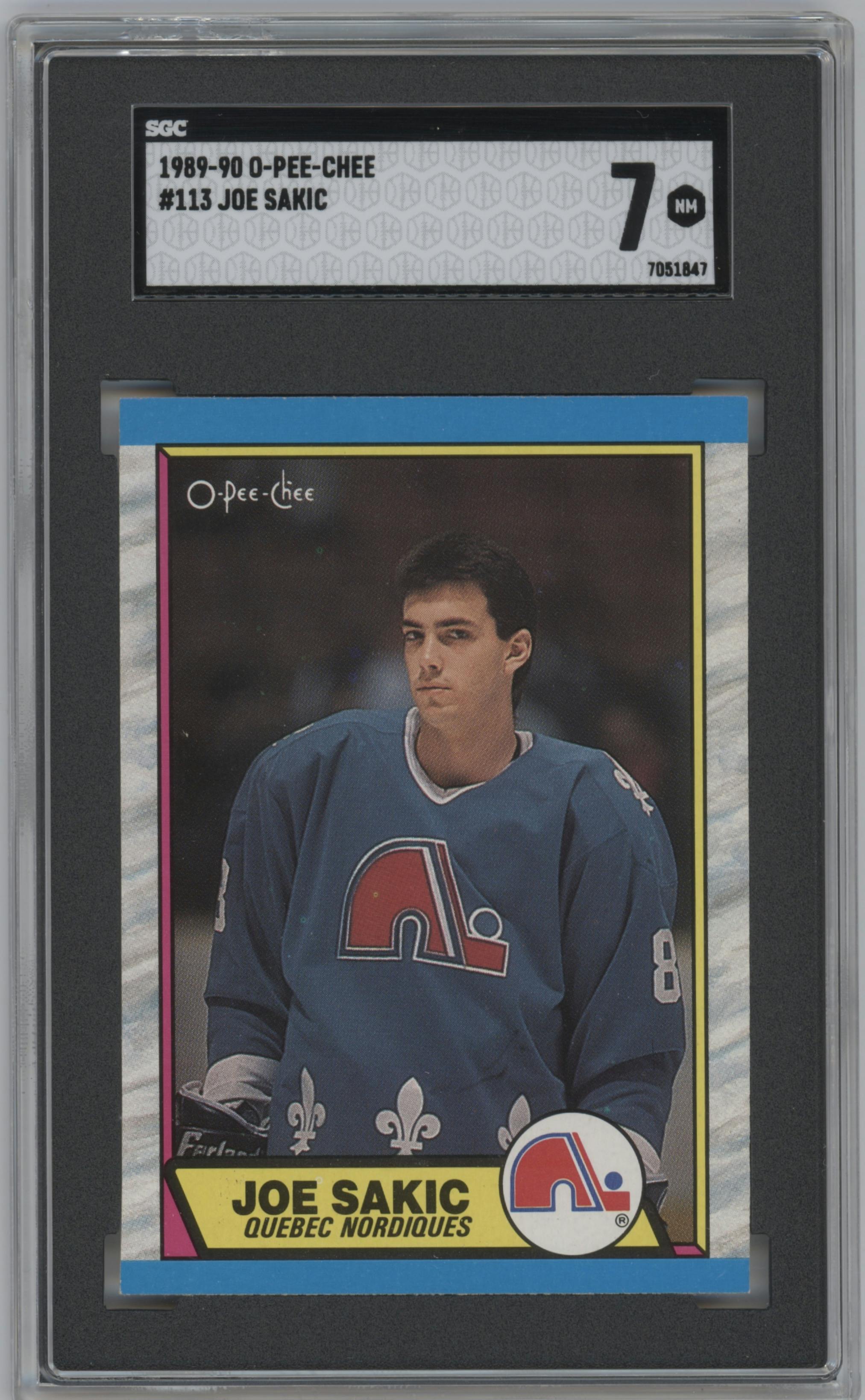 Joe Sakic from the 1989-90 O-Pee-Chee set graded by SGC and given an overall grade of 7.