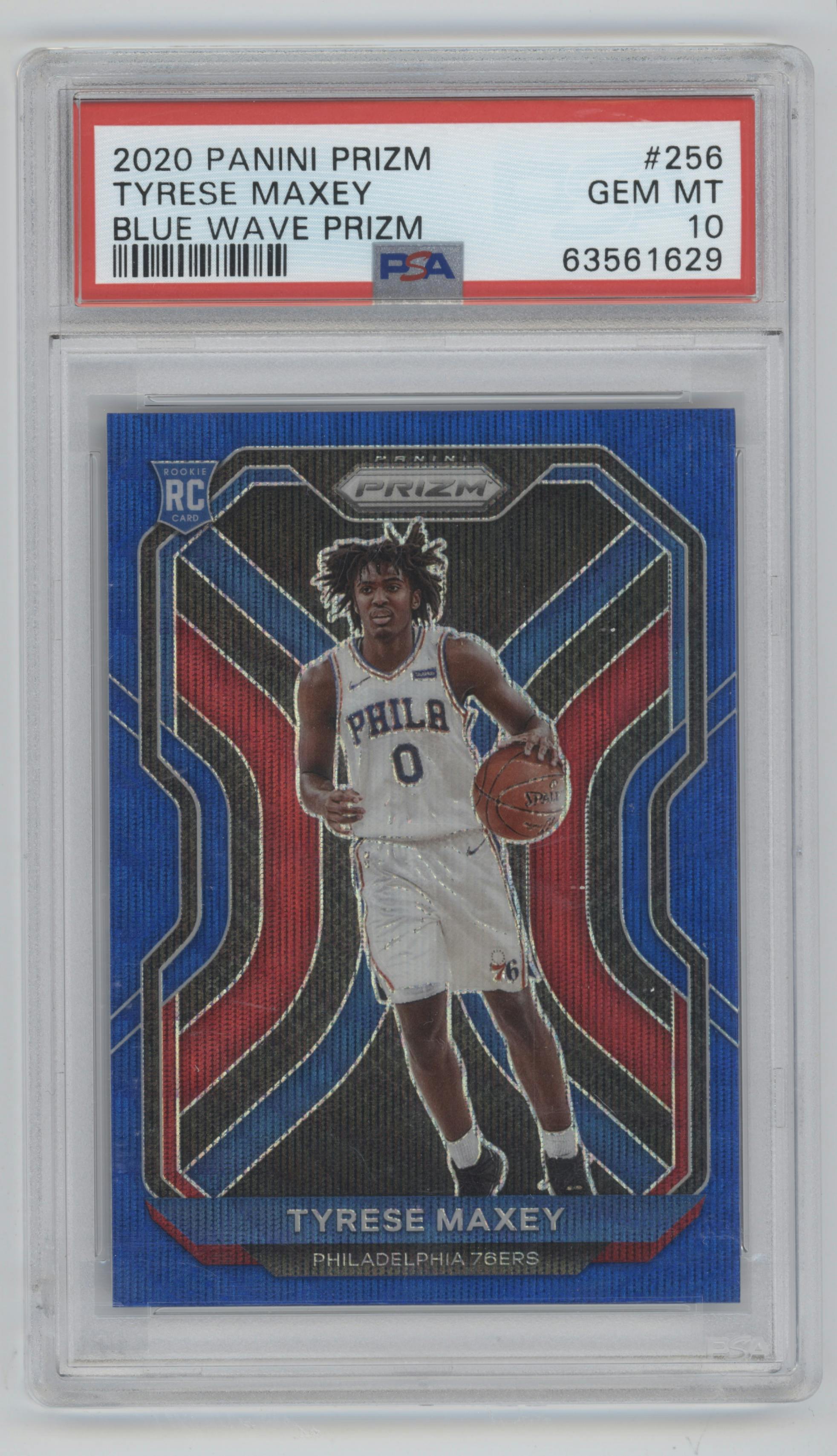 Tyrese Maxey from the 2020-21 Panini Prizm set featuring a Blue Wave Prizm parallel graded by PSA and given an overall grade of 10.