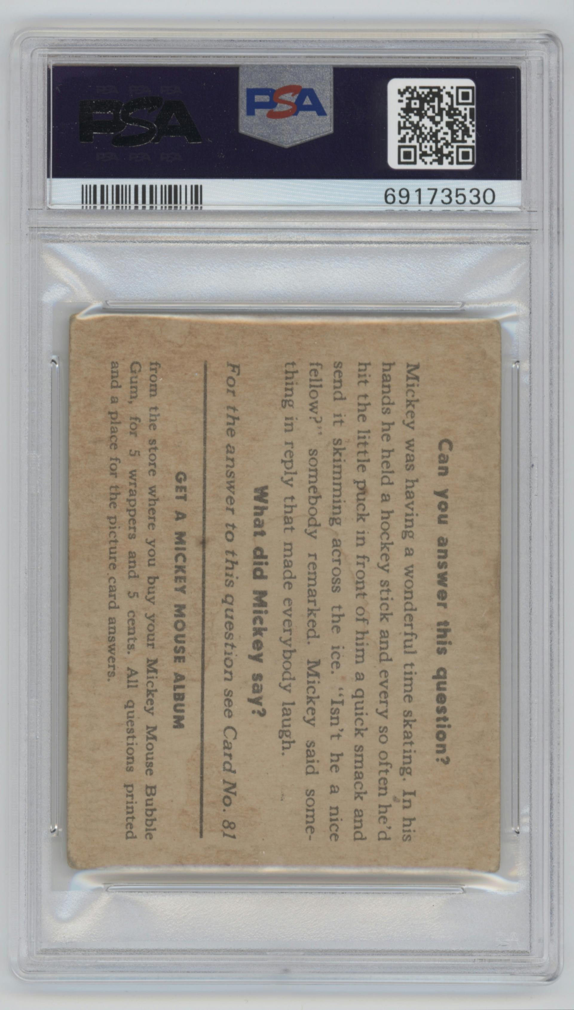 Good Day, Juliet!.. from the 1935 Mickey Mouse set featuring a Type ll parallel graded by PSA and given an overall grade of 1.5.