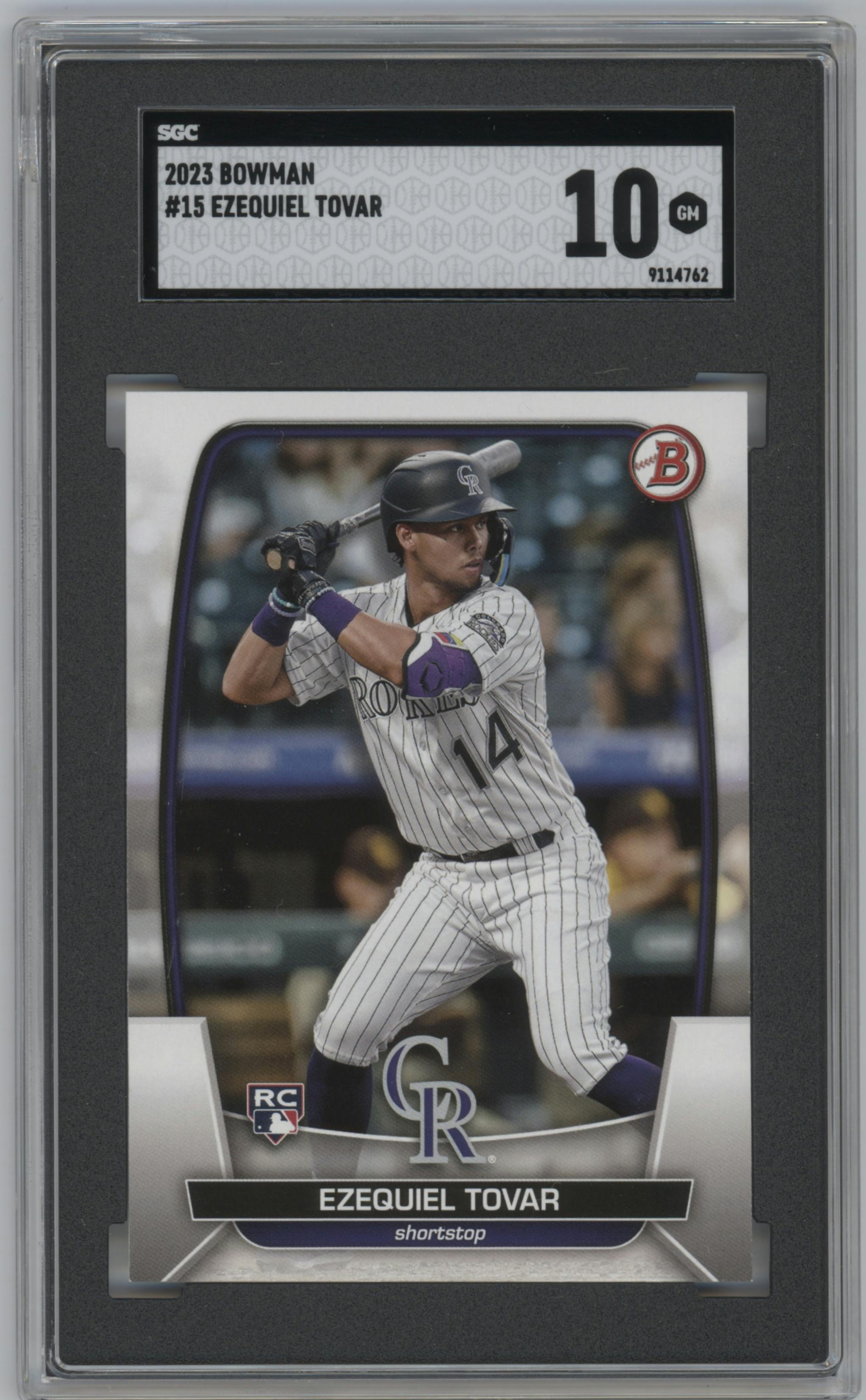 Ezequiel Tovar from the 2023 Bowman  set graded by SGC and given an overall grade of 10.