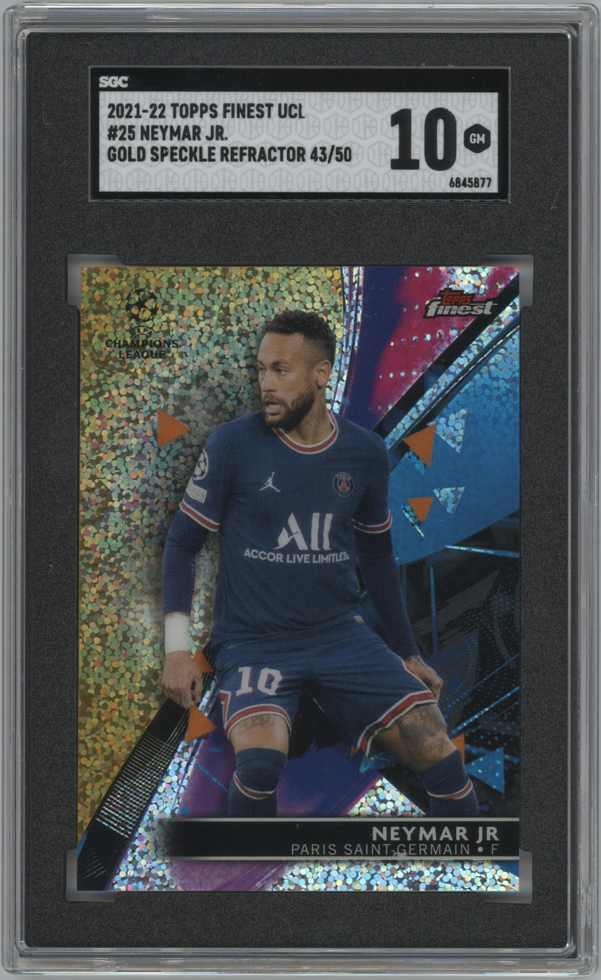 Neymar Jr. from the 2021-22 Topps Finest UEFA Champions League set featuring a Gold Speckle Refractor parallel graded by SGC and given an overall grade of 10.