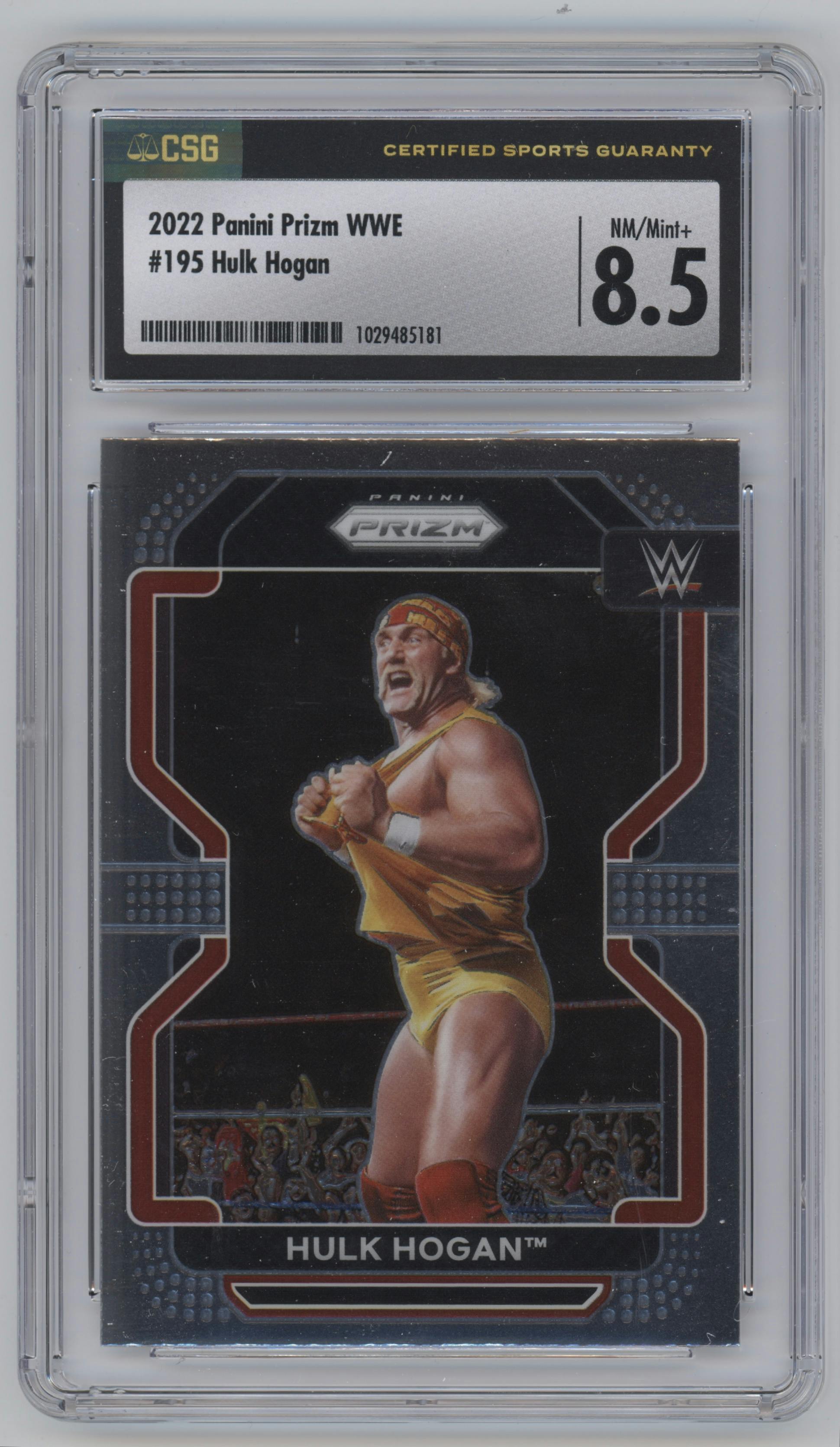 Hulk Hogan from the 2022 Panini Prizm WWE Debut Edition  set graded by CSG and given an overall grade of 8.5.