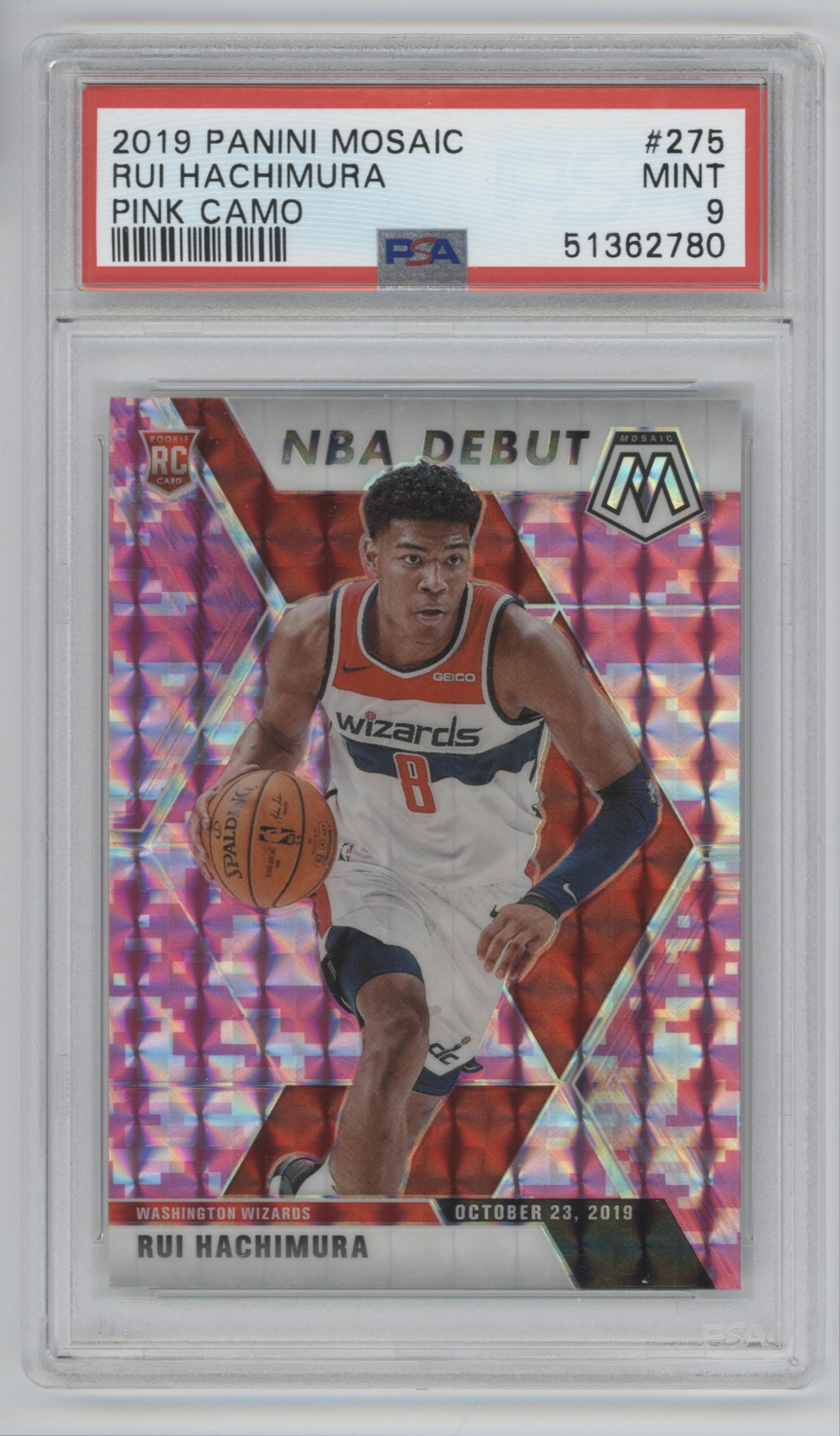 Rui Hachimura from the 2019-20 Panini Mosaic  set featuring a Pink Camo parallel graded by PSA and given an overall grade of 9.