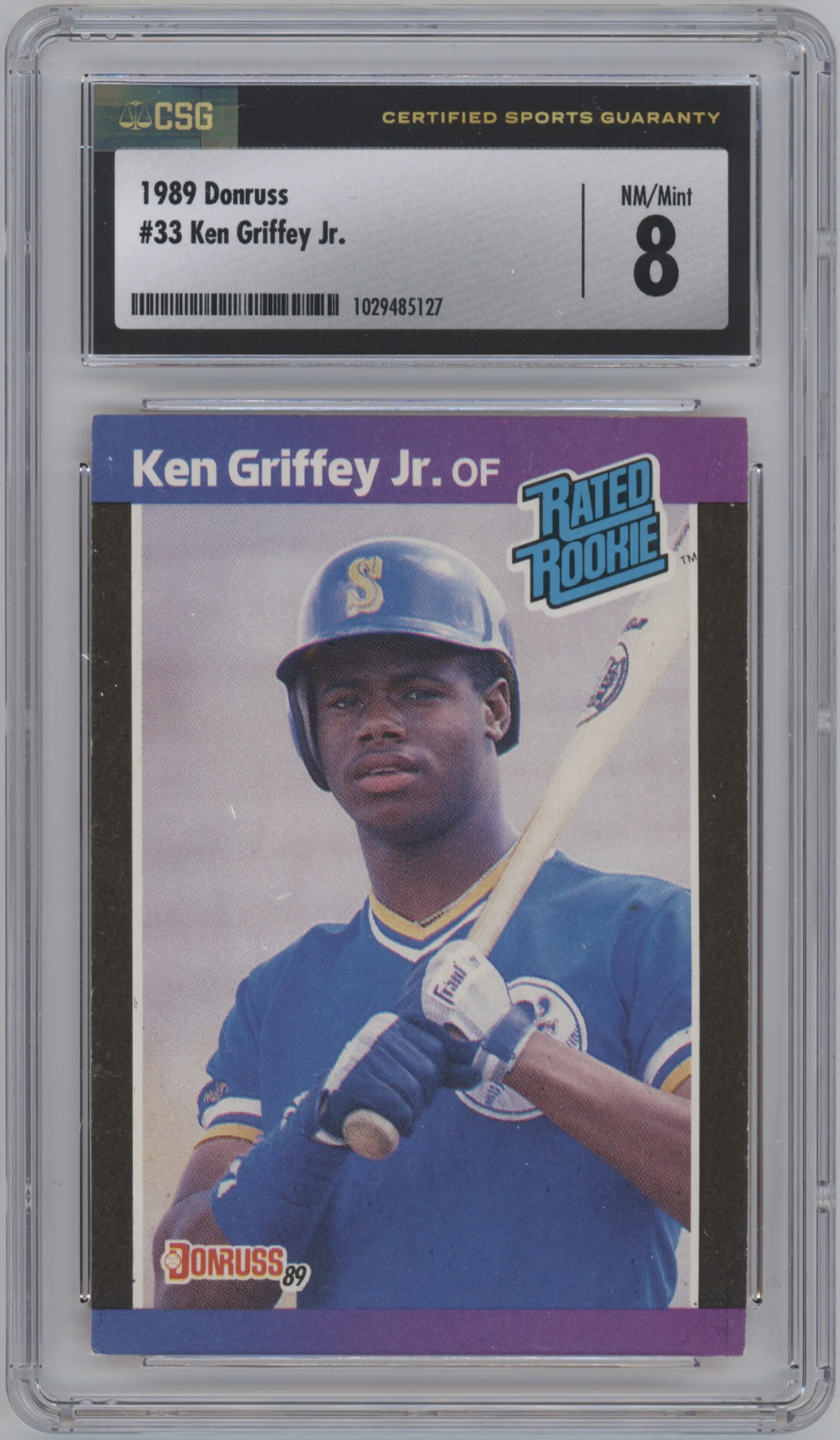 Ken Griffey Jr. from the 1989 Donruss set graded by CSG and given an overall grade of 8.