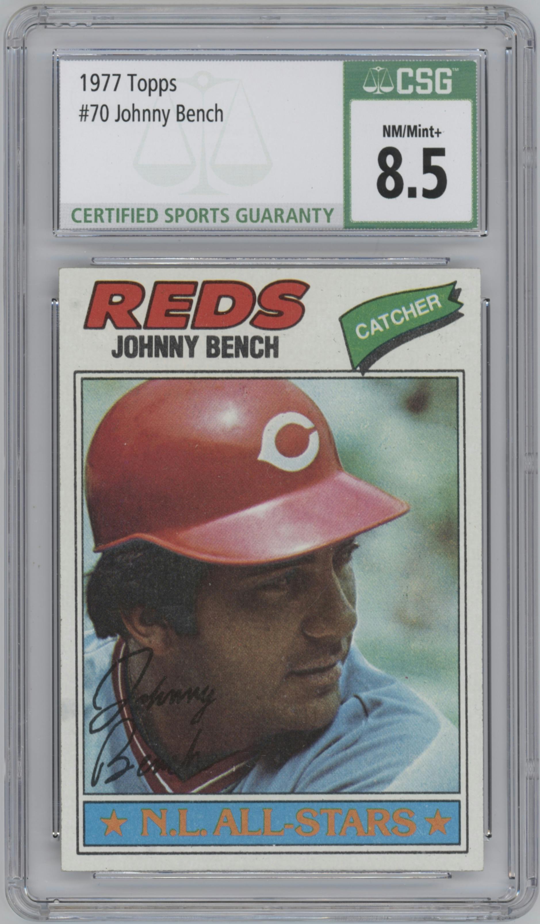 Johhny Bench from the 1977 Topps set graded by CSG and given an overall grade of 8.5.