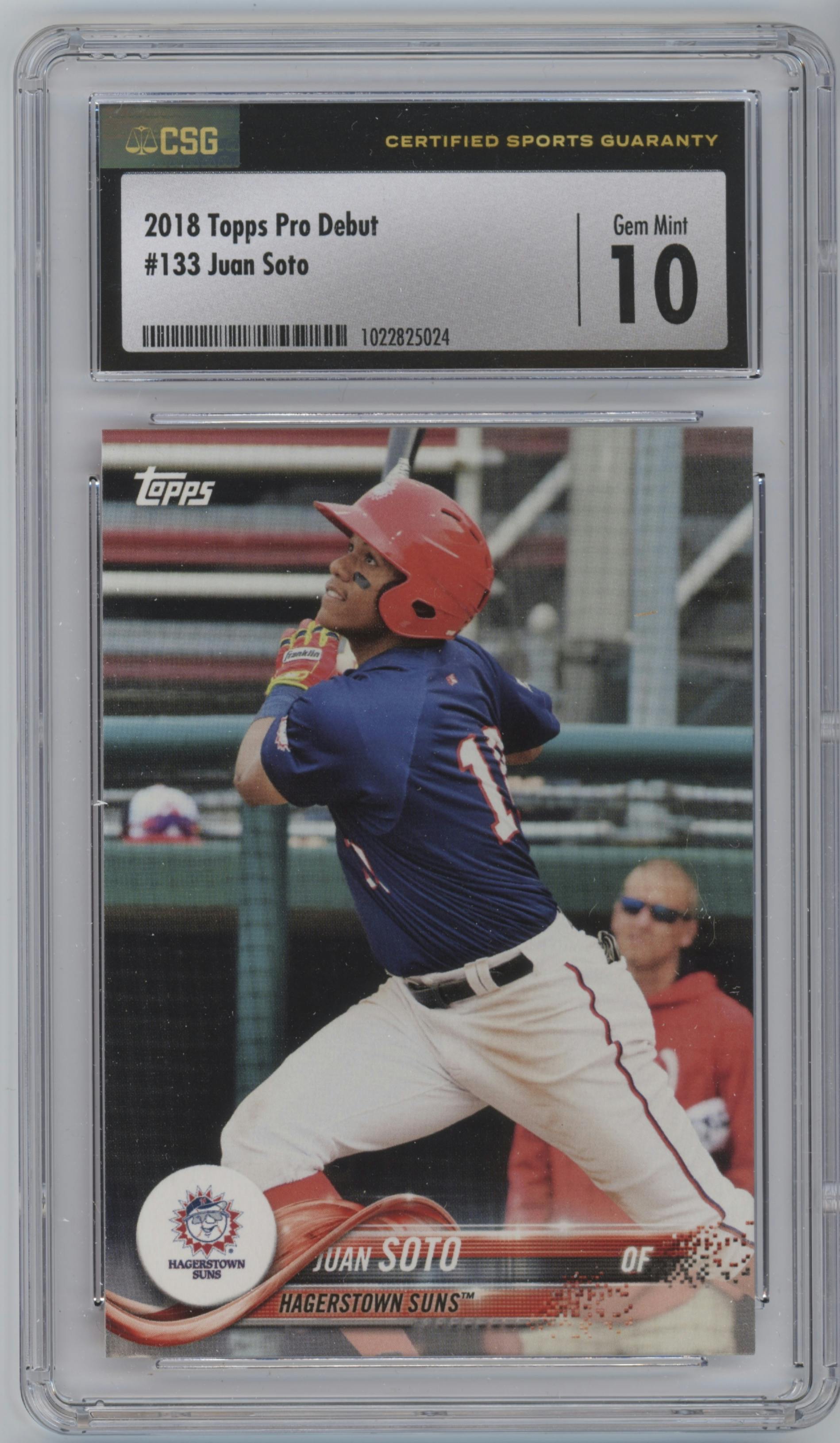 Juan Soto from the 2018 Topps Pro Debut set graded by CSG and given an overall grade of 10.