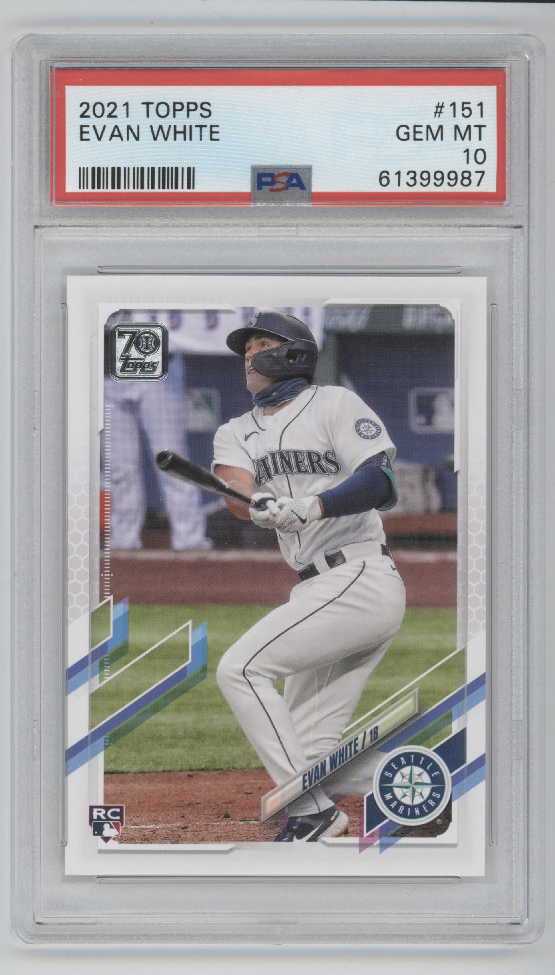 Evan White from the 2021 Topps Series 1 set graded by PSA and given an overall grade of 10.