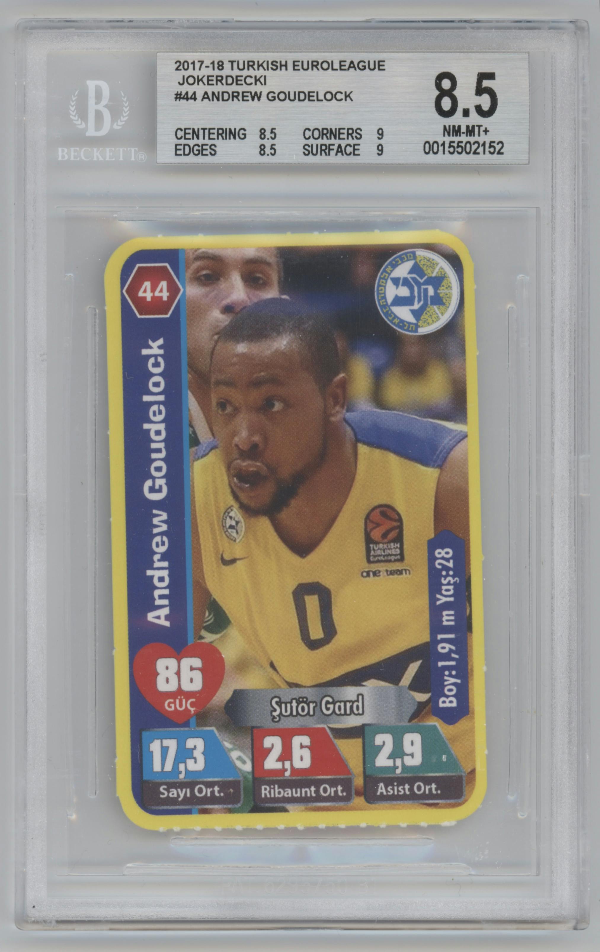 Andrew Goudelock from the 2017-18 Turkish EuroLeague Jokerdecki set graded by Beckett and given an overall grade of 8.5.