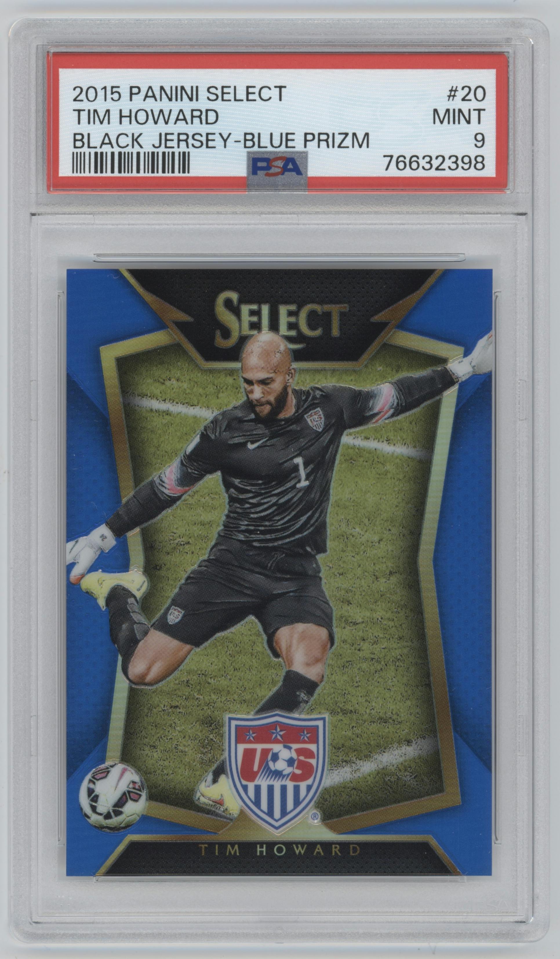 Tim Howard from the 2015-16 Panini Select set featuring a Blue Prizm parallel graded by PSA and given an overall grade of 9.
