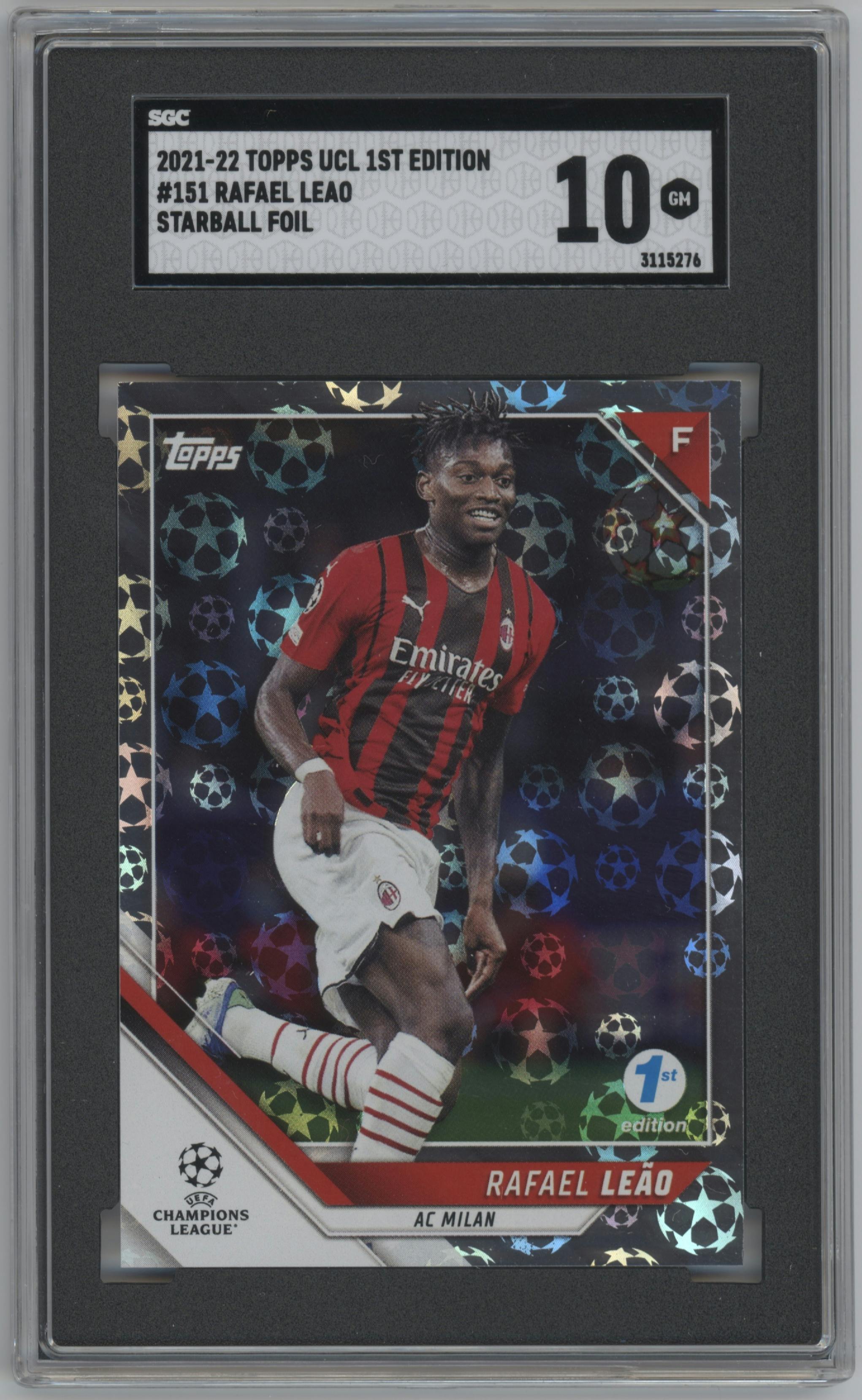Rafael Leao from the 2021-22 Topps UEFA Champions League 1st Edition set featuring a Starball Foil  parallel graded by SGC and given an overall grade of 10.