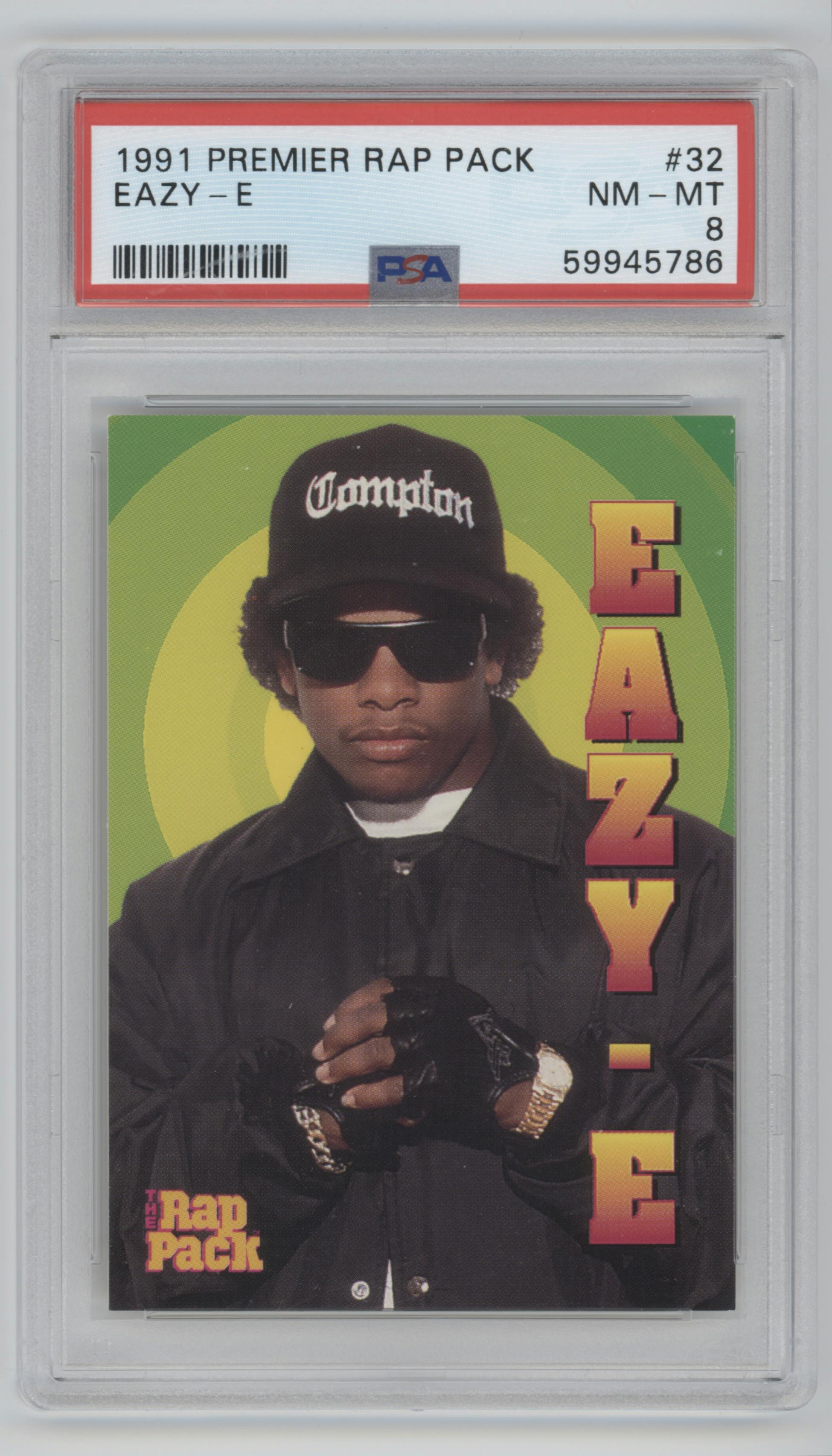  Eazy-E from the 1991 Premier Rap Pack set graded by PSA and given an overall grade of 8.